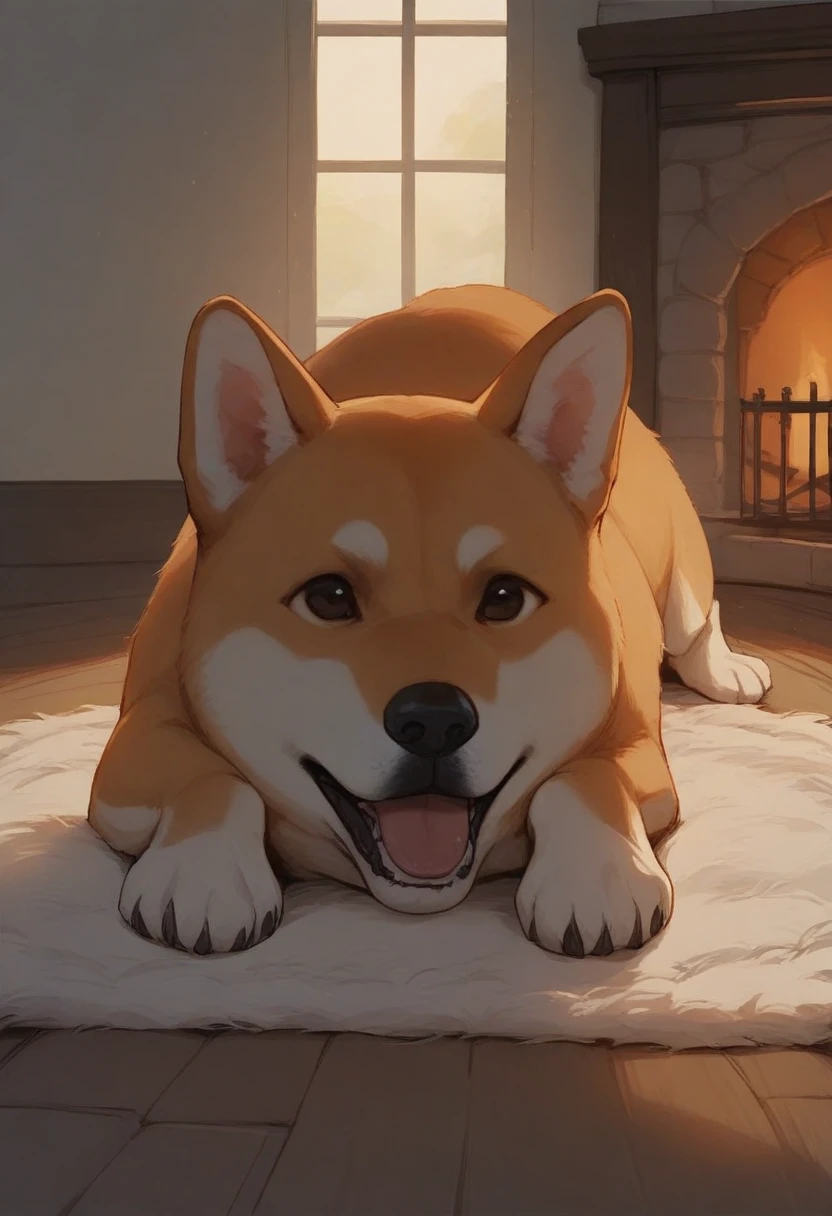 masterpiece, best quality, stylized, no humans, dog, animal focus, shiba inu, on stomach, wooden floor, fireplace, indoors, backlighting