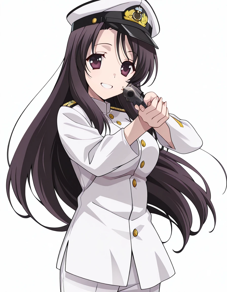 masterpiece, best quality, amazing quality,, <lora:kotonoha-katsura-s1-illustriousxl-lora-nochekaiser:1>, kotonoha katsura, katsura kotonoha, purple eyes, black hair, long hair, mature female, breasts, anime screencap, <lora:kancolle-admiral-cosplay-illustriousxl-lora-nochekaiser:1>, kancolle admiral cosplay, admiral (kancolle) (cosplay), naval uniform, cosplay, military uniform, military, peaked cap,, <lora:center-axis-relock-stance-illustriousxl-lora-nochekaiser:1>, center axis relock stance, looking at viewer, holding, closed mouth, weapon, holding weapon, gun, holding gun, handgun, aiming, finger on trigger, aiming at viewer, m1911,, grin, open mouth, <lora:transparent-background-illustriousxl-lora-nochekaiser:1>, transparent background, simple background, white background, ,