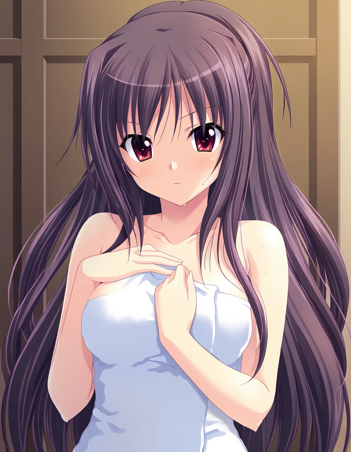 masterpiece, best quality, amazing quality, ultra detail, good , good hand,
BREAK <lora:takasu-miyabi Prima Stella (Atelier Kaguya)-illustrious:0.9> miyabi, purple hair, long hair, half updo, red eyes, ,
BREAK outfit06, towel,  towel, towel around body