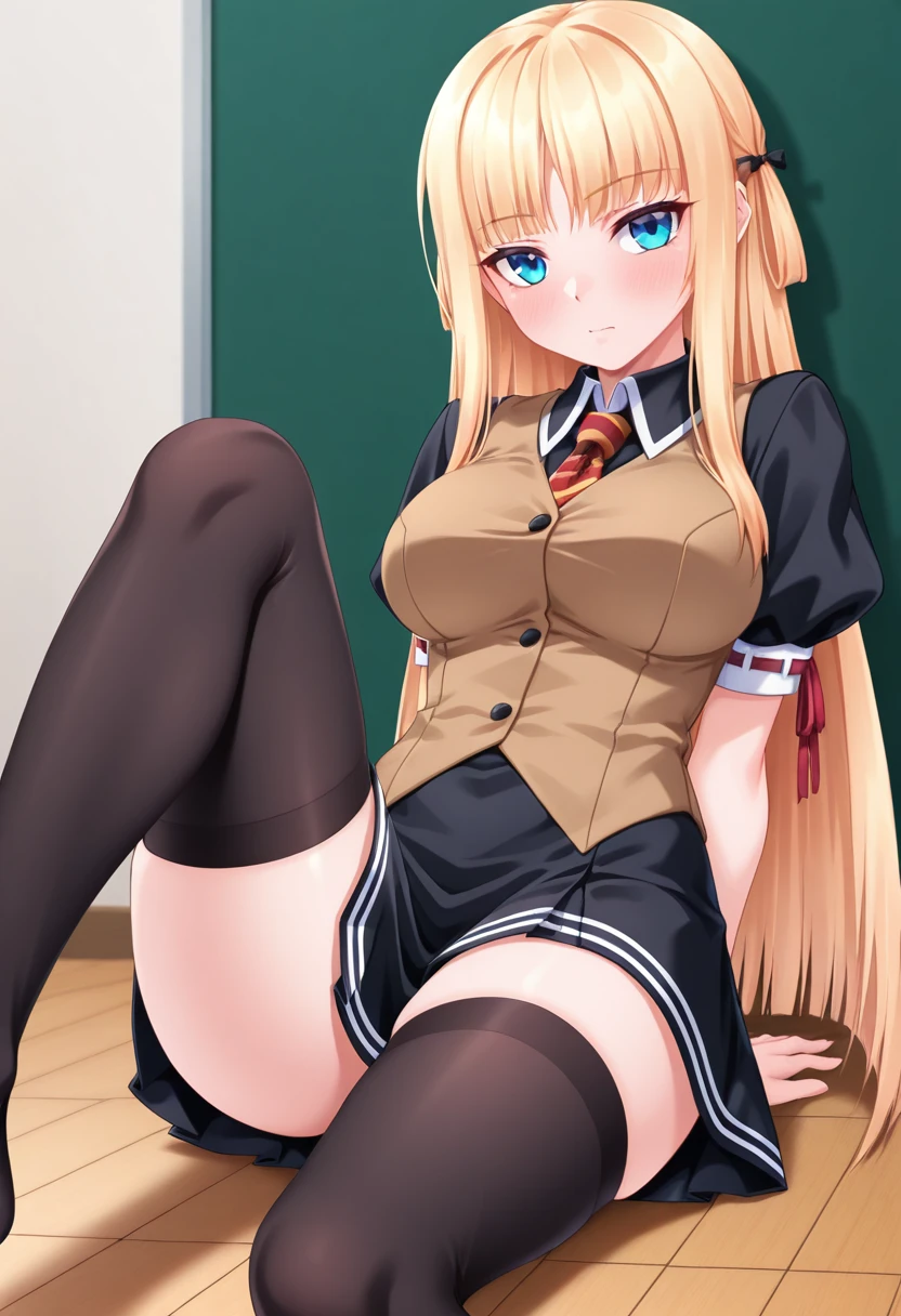 ((1 girl))、smile、small breasts、（cowboy shot）、(cardigan)、(blonde)、blush、(single braid)、(eye highlights:1.3)、blake black footwear,(黒いskirt)、bow, button, shirt with collar, long sleeve,  ((red bow tie, , black jacket, open jacket, 茶色のcardigan, white shirt, 黒のskirt, チェック柄のskirt、white socks)),, shirt,, skirt, socks, thighs, white shirt, rest indoors, ((classroom:1.5))、 BREAK While watching the audience、(skirtを掴む:1.0)、 (perfect hands, perfect anatomy),cowboy shot、(skirt lift:1.3), (Pull Panties)、((shaved pussy:1.5))、(skirt that rolls up:1.3)、(Highly detailed labia fully exposed:1.5)、(blue eyes)、