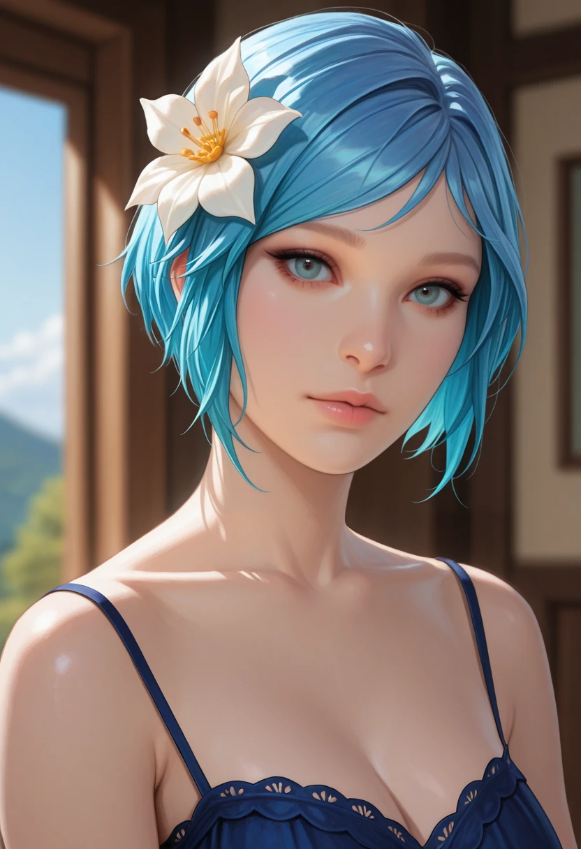 masterpiece, very aesthetic, best quality, absurdres, newest, solo,
<lora:ILLISChloe:1>
LISChloe, 1girl, blue hair, hazel eyes, short hair, looking at viewer, hair flower, hair ornament, realistic, bare shoulders, blurry background, upper body