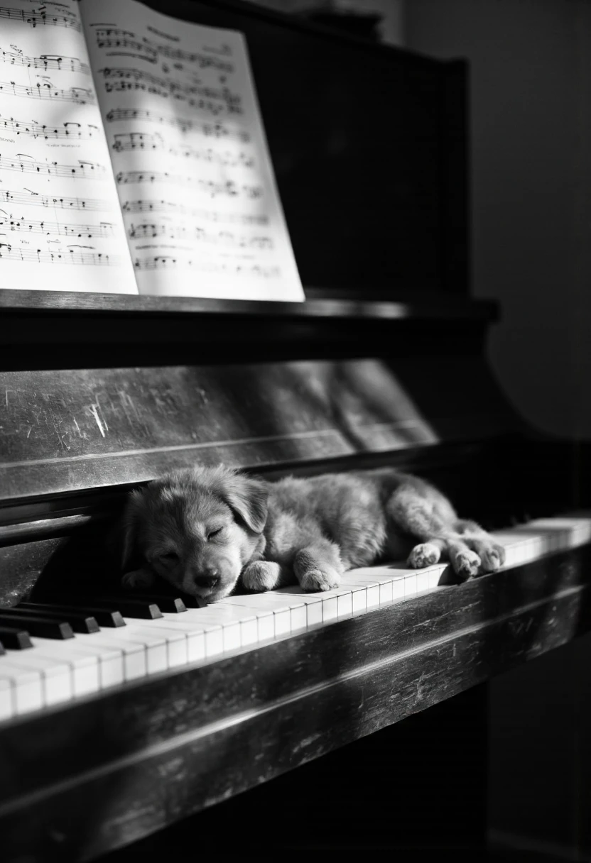 NyxBorne. A black and white photo shoot from a close-up camera angle about a small dog sleeping on a piano keyboard. the image also shows a cozy indoor setting with a blurred background. on the middle of the image, a small, fluffy dog appears to be sleeping, with its eyes closed and a peaceful expression on its face. the dog is lying on its side on the piano keys, its body curled up in a relaxed position. it is grey in color and has a fluffy texture. the piano has a vintage design with sheet music on it, and the lighting is soft and natural, creating a warm and inviting atmosphere. the overall mood is peaceful and serene.