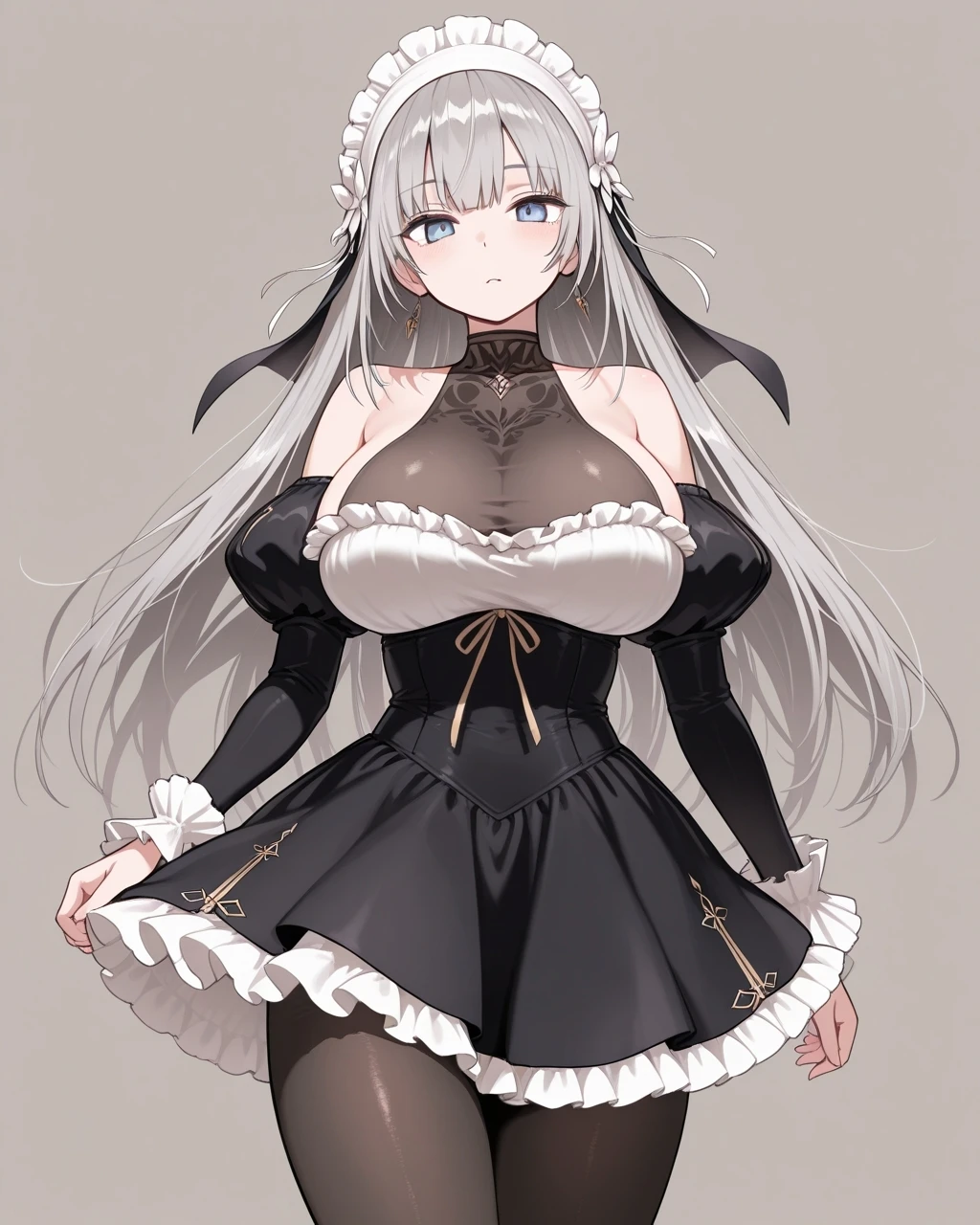 masterpiece, best quality, highres, simple background, looking at viewer, 
1girl, lelia, detached sleeves, pantyhose, large breasts, frilled dress,
<lora:lelia_il_v1:1>