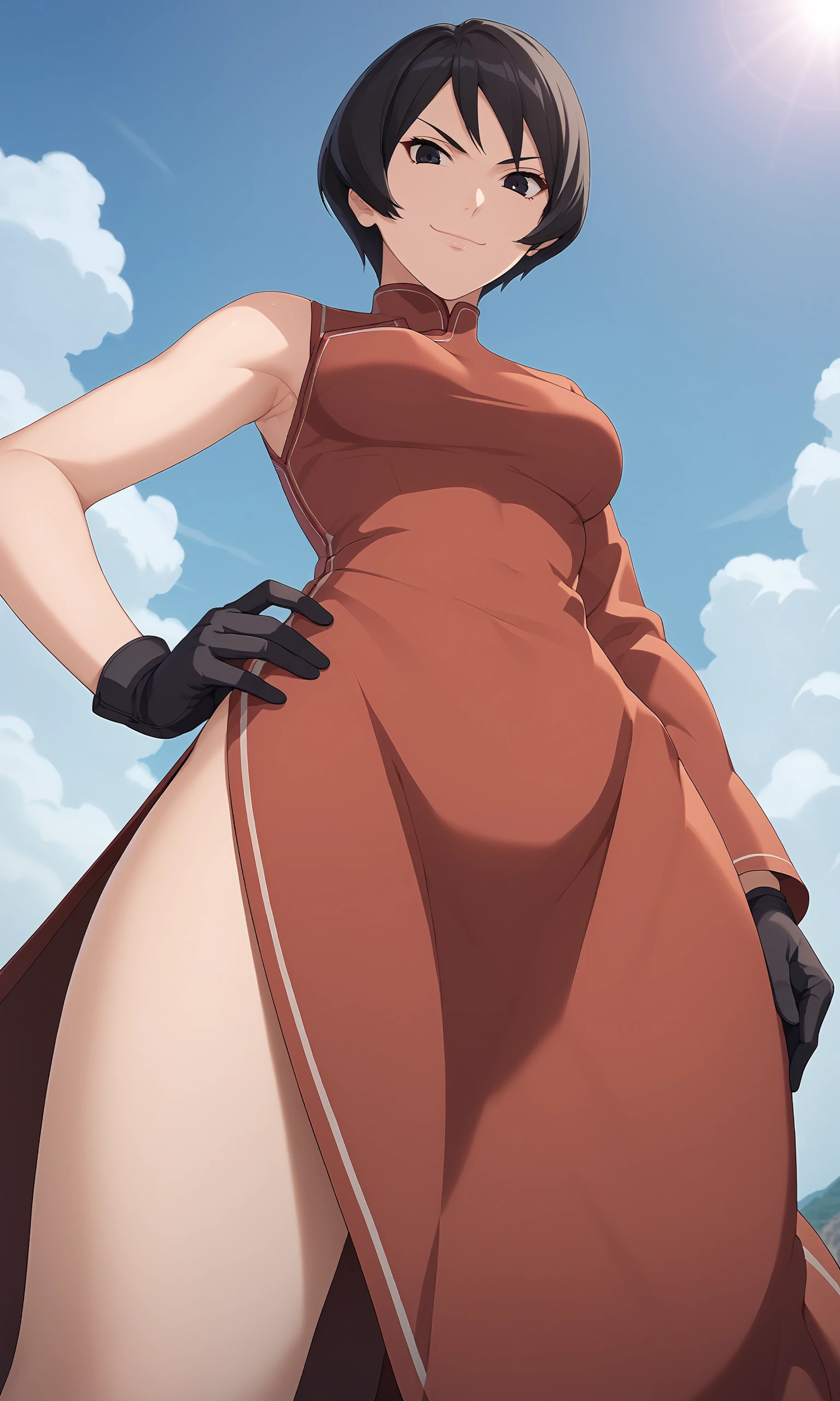 score_9, score_8_up, score_7_up, game cg,
kurotsuchii, 1girl, looking at viewer, china dress, single sleeve, long sleeve, black gloves, short hair, black hair, black eyes, breasts, red dress, side slit,
from below, pov,
hand on hip,
smile, closed mouth, serious, thighs,
day, cloud,
<lora:kurotsuchi_PXL:1>