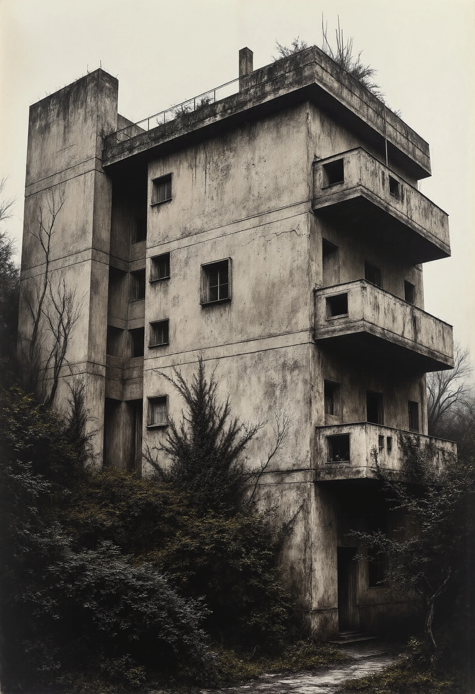 A brutalist tall building lost in the jungle. Its walls are moldy and decayed, and in some places the facade has fallen. Some antennas are visible on the top of the building but they are covered by intertwining ivy.