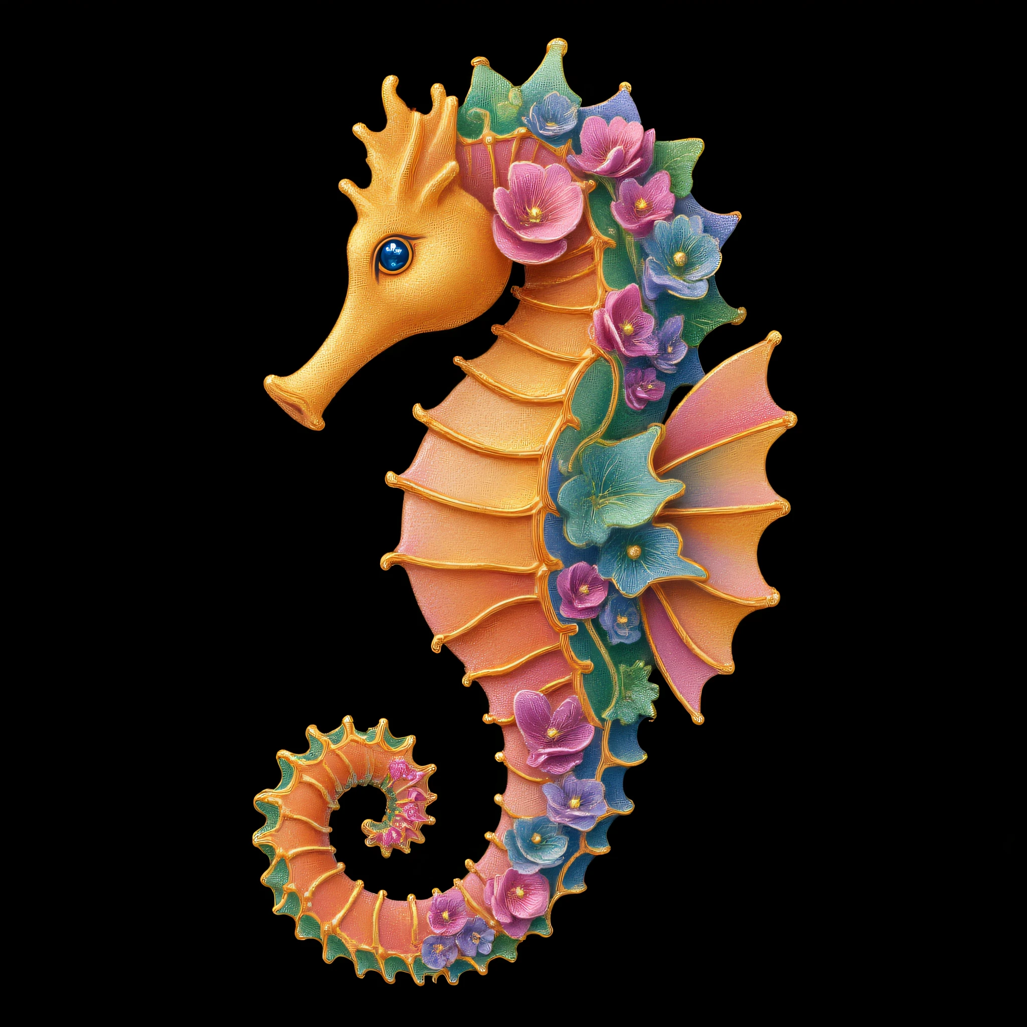 ArsMJStyle, Art Nouveau,, The image shows a seahorse with a vibrant array of flowers on its back set against a black background. The colors of the flowers range from bright pinks and purples to deep blues and greens creating a beautiful and eye-catching piece of art., no humans, black background, simple background, flower, blue eyes, profile, from side, solo, leaf, pink flower