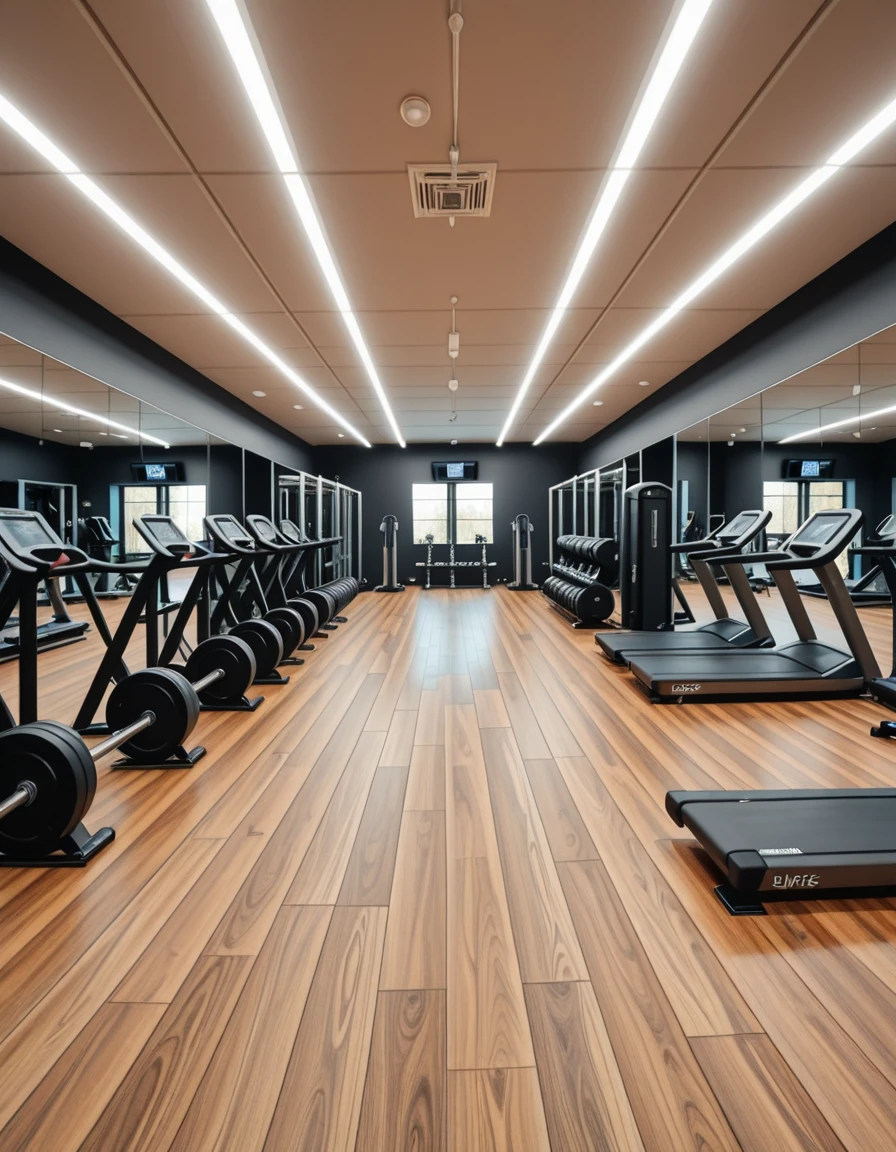 A spacious, modern gym with sleek design and floor-to-ceiling mirrors covering the walls, reflecting the equipment and ambient lighting. The room is filled with high-end fitness machines, free weights neatly arranged on racks, and polished hardwood or rubberized flooring. Bright LED strip lights run along the ceiling, providing crisp illumination that highlights the clean, minimalistic aesthetic. Motivational posters and digital screens display workout stats and routines. The gym is empty, with no people, capturing a calm, ready-for-use atmosphere in perfect symmetry.m0d3rn gym, <lora:m0d3rn_gym-i:1>, Masterpiece,best quality,hi res,8k,hi res,8k,award winning,(sharp focus, intricate, highly detailed),