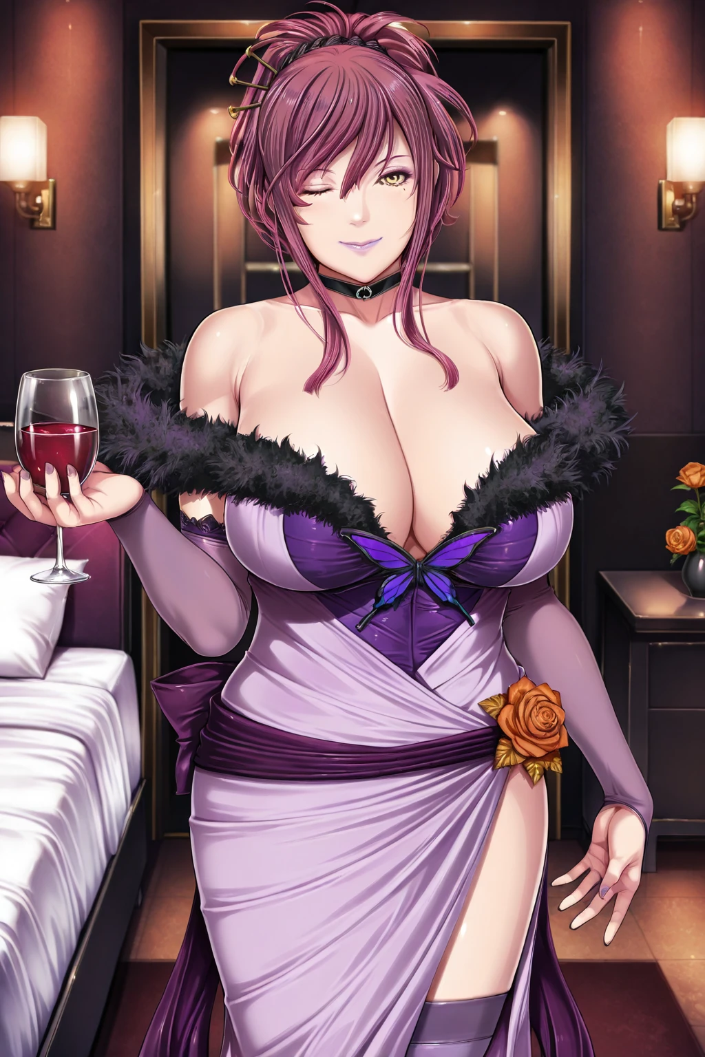 1girl, Senjougahara Hitagi, monogatari (series), masterpiece, best quality, be avoided, soft vintage lighting, vintage glamour style, 1950s-inspired high fashion, elegant retro pose, classic Hollywood setting, purple hair clothing:
Figure-hugging purple satin evening gown with a sweetheart neckline
Mermaid silhouette with a subtle train
White fur stole draped over shoulders
Elbow-length white satin gloves
Crystal-encrusted high heels in a matching purple shade
髪型:
Voluminous purple hair styled in classic 1950s soft curls
Deep side part with a dramatic sweep
Subtle silver highlights for added dimension
アクセサリー:
Elaborate diamond necklace with a large amethyst centerpiece
Matching amethyst and diamond drop earrings
Thin diamond tennis bracelet over the gloves
Vintage-style cocktail ring with a large, Emerald-cut amethyst make-up:
Flawless matte complexion
Dramatic cat-eye liner with a subtle purple shimmer
Full, fluttery false eyelashes
Bold red lipstick in a matte finish
Softly arched, well-defined eyebrows pose and environment:
Elegant pose on a vintage chaise lounge
Classic Hollywood vanity with lit-up mirror in the background
Champagne bucket with a bottle and two glasses nearby
Velvet curtains and Art Deco elements in the decor
小物:
Small, beaded evening clutch in silver
Long, slender cigarette holder (unlit, for aesthetic only)
Vintage perfume bottle on nearby table
Classic film scripts scattered artfully on the vanity