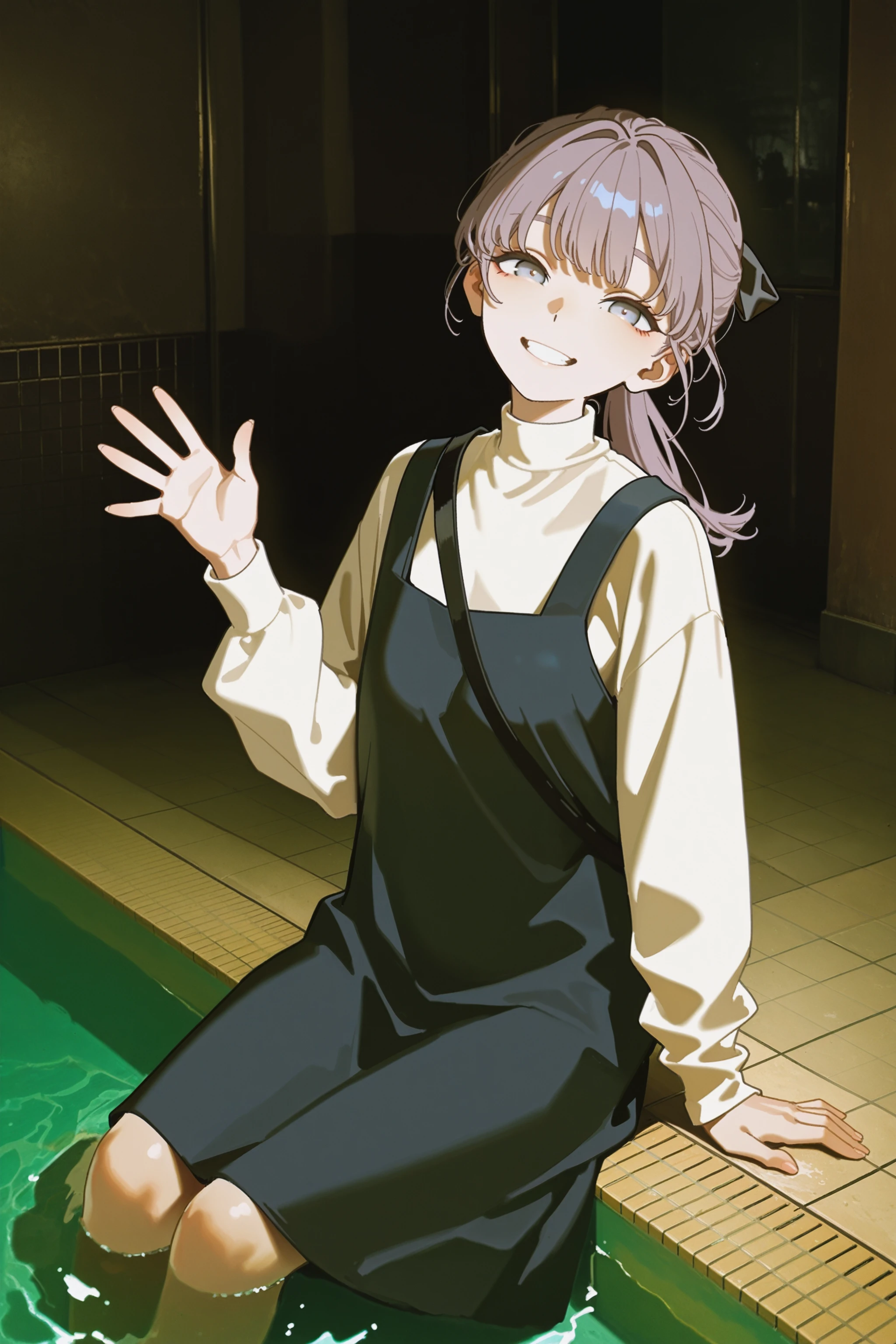 masterpiece, best quality, absurdres, safe
1girl, lapwing, grey hair, grey eyes, ponytail, hair ribbon,
strap, turtleneck, white sleeves, pinafore dress, 
smile, looking at viewer, [head back,::0.3] head tilt,
dark background, poolside, wading, sitting, tile floor,
waving, [green theme, ::0.3]
shadow, photo background, 
yoneyama mai, 
johnkafka,
<lora:lapwing_il_2_d16:1>
<lora:front_lighting_il_2_d16_soft:1>
<lora:wide_shot_il_1_d32:0:hr=1>