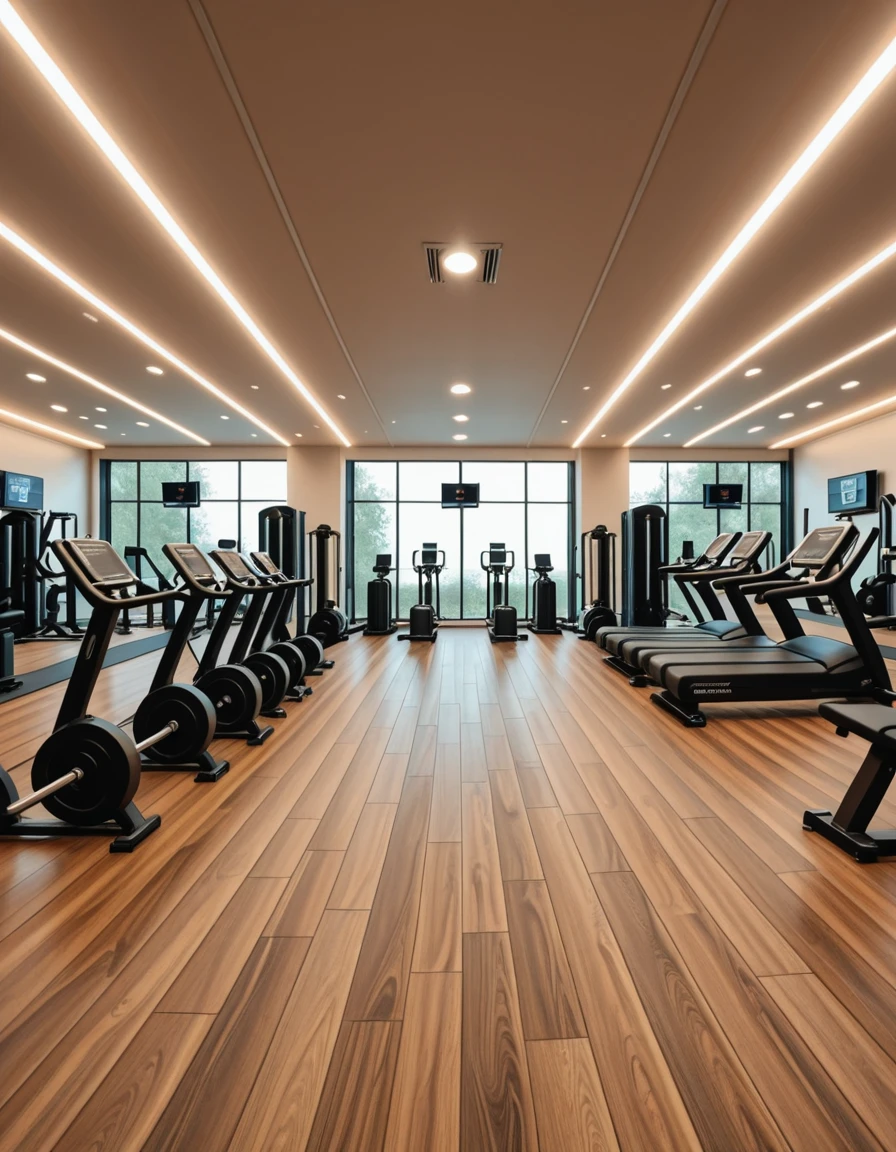 A spacious, modern gym with sleek design and floor-to-ceiling mirrors covering the walls, reflecting the equipment and ambient lighting. The room is filled with high-end fitness machines, free weights neatly arranged on racks, and polished hardwood or rubberized flooring. Bright LED strip lights run along the ceiling, providing crisp illumination that highlights the clean, minimalistic aesthetic. Motivational posters and digital screens display workout stats and routines. The gym is empty, with no people, capturing a calm, ready-for-use atmosphere in perfect symmetry.m0d3rn gym, <lora:m0d3rn_gym-i:1>, Masterpiece,best quality,hi res,8k,hi res,8k,award winning,(sharp focus, intricate, highly detailed),