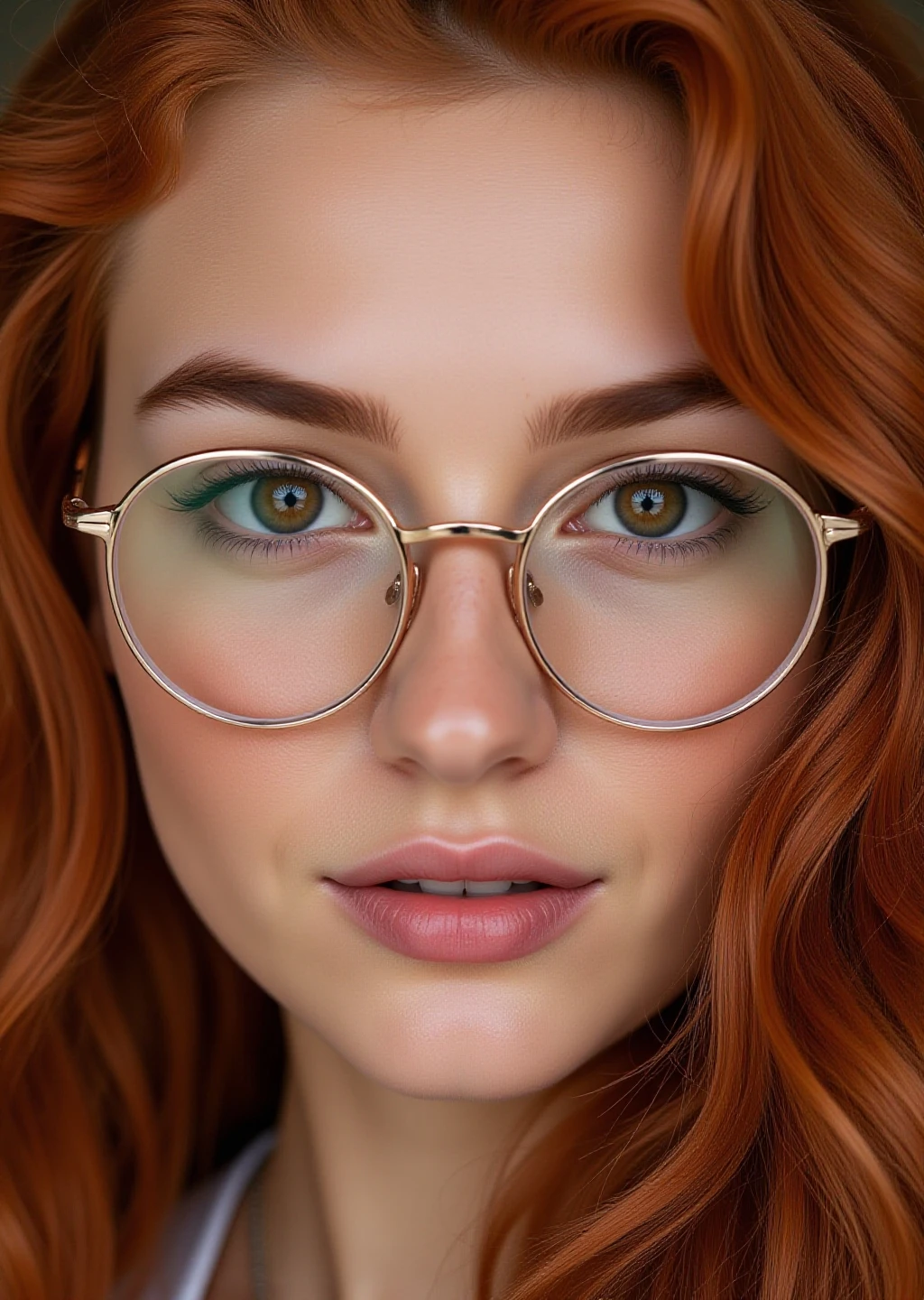 A close-up of a a beautiful redhead, brown eyes, wearing perfectly round glasses with a thin rose gold metal frame. Long loose сurls style, her face fully covered in dark freckles