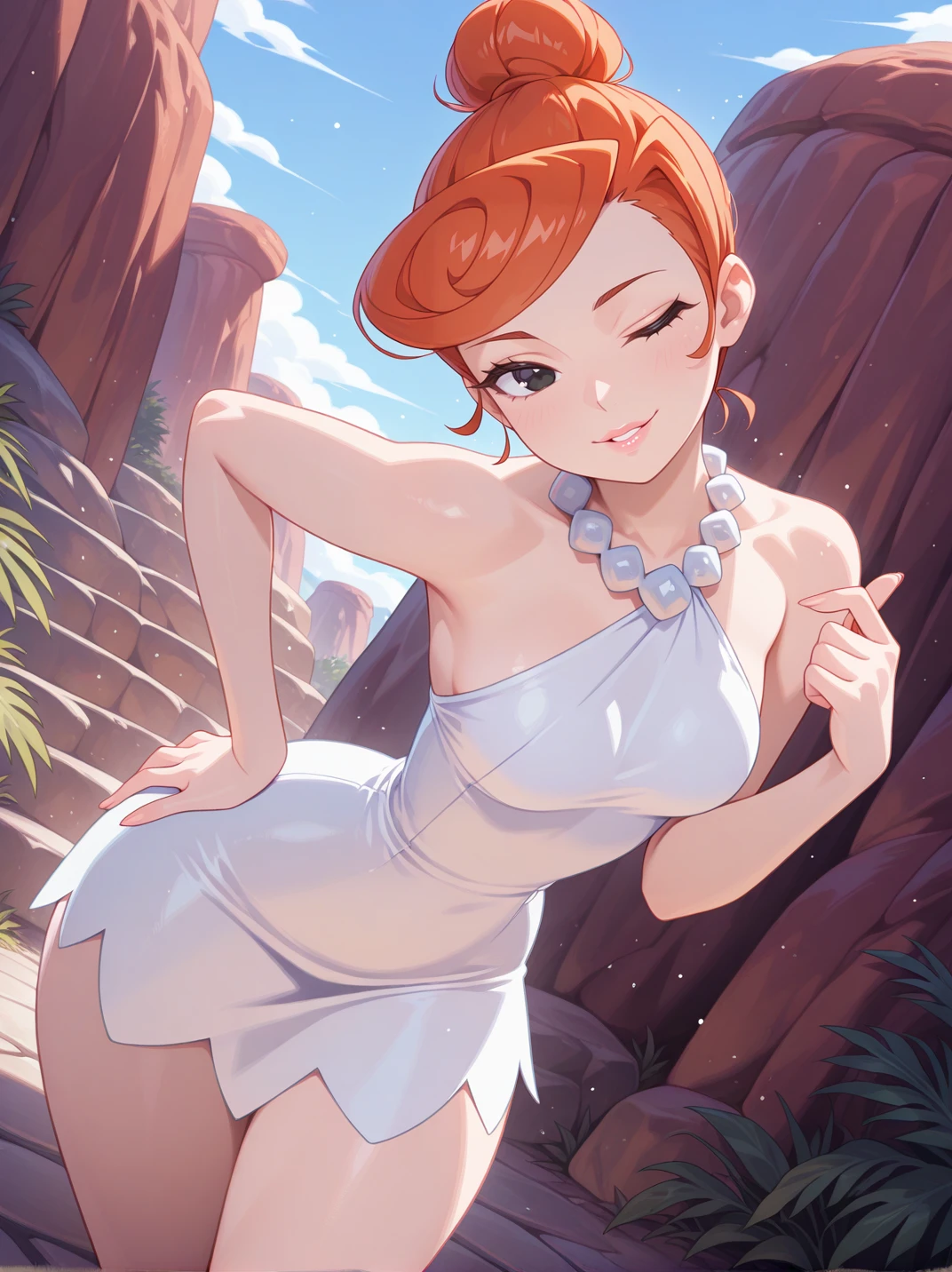 highres, hi res, best quality, masterpiece,
1girl, (WilmaXL:1), orange hair, hair bun, black eyes, dot eyes, necklace, single bare shoulders, white dress, makeup, parted lips, jewelry, pearl necklace, 
light smile, dutch angle, naughty pose, looking at viewer, outdoors, solo, dynamic pose, cowboy shot, head tilt, one hand on hips, one finger on lips, one eye closed, (leaning forward:1.1), light particles, blue sky,
<lora:AWilmaFlintstone_character-12:0.75>, narrow waist, wide hips,,  <lora:[Kajin-man] Artist Style IllustriousXL:1>