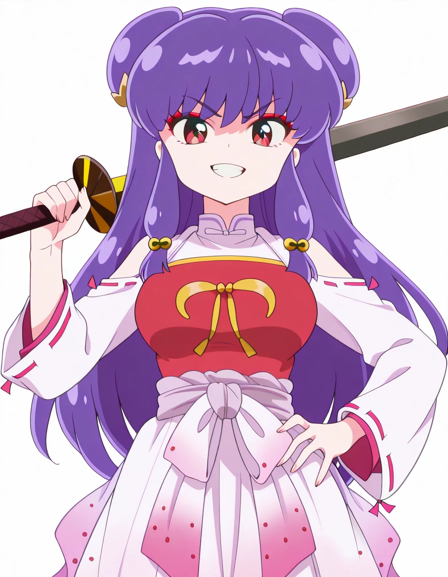masterpiece, best quality, amazing quality,, <lora:shampoo-s1-illustriousxl-lora-nochekaiser:1>, shampoo, shampoo (ranma 1/2), long hair, hair ornament, red eyes, purple hair, hair bun, double bun, mature female, medium breasts, anime screencap, <lora:kancolle-kongou-cosplay-illustriousxl-lora-nochekaiser:1>, kancolle kongou cosplay, kongou (kancolle) (cosplay), kongou pose, nontradional miko, cosplay, ribbon-trimmed sleeves, ribbon trim, bare shoulders, headgear,, <lora:sword-over-shoulder-illustriousxl-lora-nochekaiser:1>, sword over shoulder, weapon over shoulder, holding, holding sword, holding weapon, sword, hand on own hip, grin, looking at viewer,, serious, open mouth, <lora:transparent-background-illustriousxl-lora-nochekaiser:1>, transparent background, simple background, white background, ,