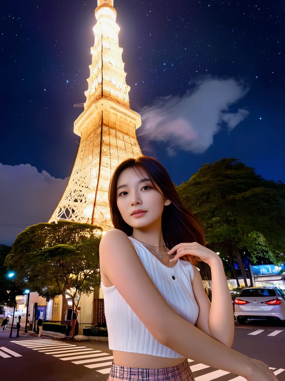 <lora:JJsNightCity_XL:1> , ((night city)), , outdoor, (masterpiece),(high quality), best quality, building, (realistic), super detailed, (full detail) scenery, cloud, sky,, city, ,((1girl)), look at viewer, low necklace,hair, mini skirt, street, car, tree, neon light,, night photography, nocturnal beauty, city lights, starry skies, celestial wonders, moonlit landscapes, urban glow, capturing the essence of darkness, ethereal atmosphere, dramatic shadows, magical ambiance, long exposure techniques, expert use of light sources, closeup portrait photography, beautiful eyes, capturing emotion, personality, flattering lighting, professional, engaging, compelling composition