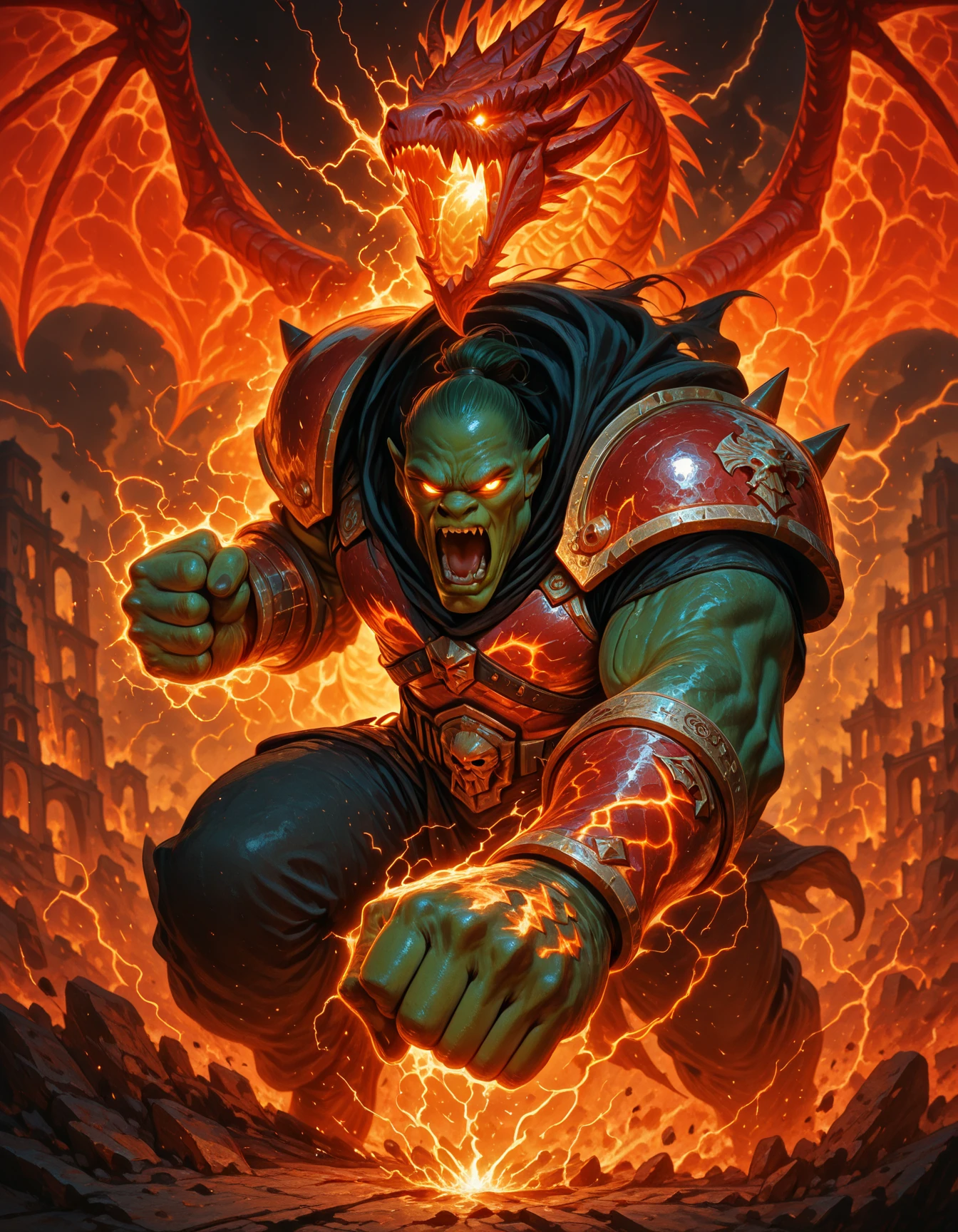 Flatline, Flat vector illustration,,masterpiece, best quality, good quality, very aesthetic, absurdres, newest, 8K, depth of field, focused subject, dynamic close up angle, close up, Tall dangerous male orc, green skin, screaming face expression, glowing eyes, red high tech warhammer 40k armor, ,dynamic pose, red electricity sparks, charging up a punch, punching against the viewer, giant red dargon behind him, red dragon following the orcs movement, holofoil glitter, faint, glowing, magical temple in background <lora:DragonMartialArtIL:1> <lora:iLLMythG0thicL1nes:0.85>