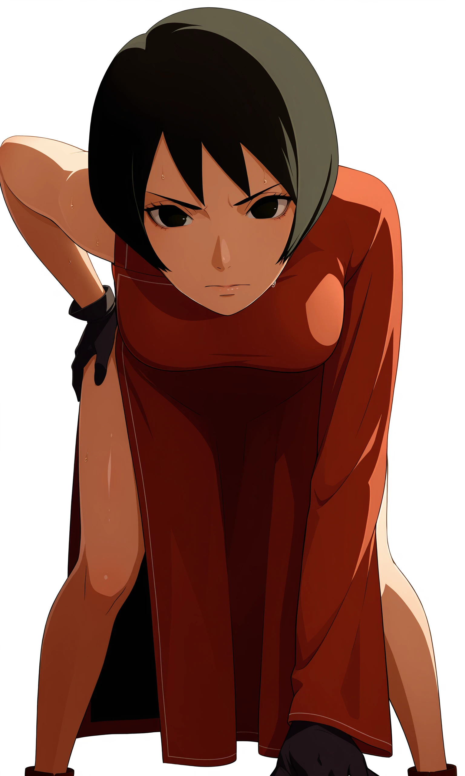 masterpiece,best quality,perfect lighting,shiny skin,game cg,
pov,bent over,
BREAK
kurotsuchii,1girl,solo,looking at viewer,no pupils,short hair,
china dress,side slit,single sleeve,long sleeve,bare shoulder,
black gloves,
sandals,
sweat,
simple background,white background,