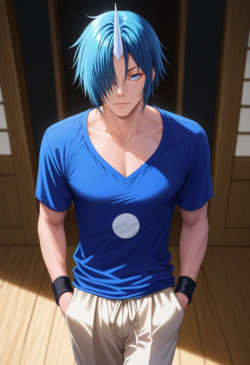 masterpiece, best quality, , (realistic:0.6), looking at viewer, 1boy, solo, male focus, <lora:souei_tensura_ilxl:0.92>, souei_tensura, blue hair, blue eyes, hair over one eye, single horn, , , Linen-cotton trousers, Henley shirt, , , Wristband