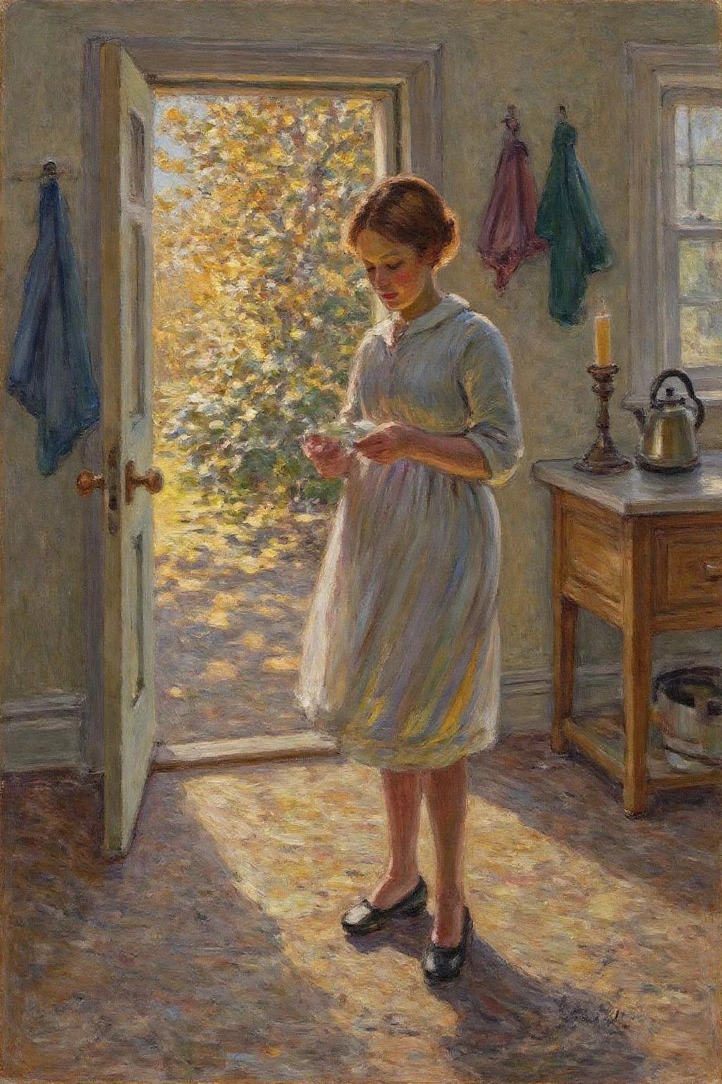 dorotheasharp1 painting.
helenmcnicoll2. On the right, a woman stands in a softly lit room, looking at something she holds in her hand. On the left, an open door reveals a garden bathed in warm, golden light. The garden is filled with a dense, glowing canopy of foliage. There are some clothes hanging behind the door. A counter stands behind the woman, with a kettle and a candle holder on it. <lora:dorotheasharp1_f16:1.0><lora:867750227770128365:0>