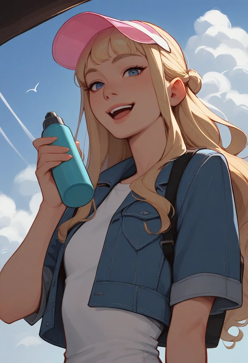 masterpiece, best quality, stylized, realistic, flat color, 1girl, solo, blonde hair, wavy hair, half updo, sidelocks, choppy bangs, blue eyes, smile, open mouth, looking at viewer, hand up, holding bottle, aqua thermos, visor cap, pink cap, transparent cap, t-shirt, white shirt, cropped jacket, denim jacket, black backpack, upper body, from below, dutch angle, blue sky, day, cloud, bird