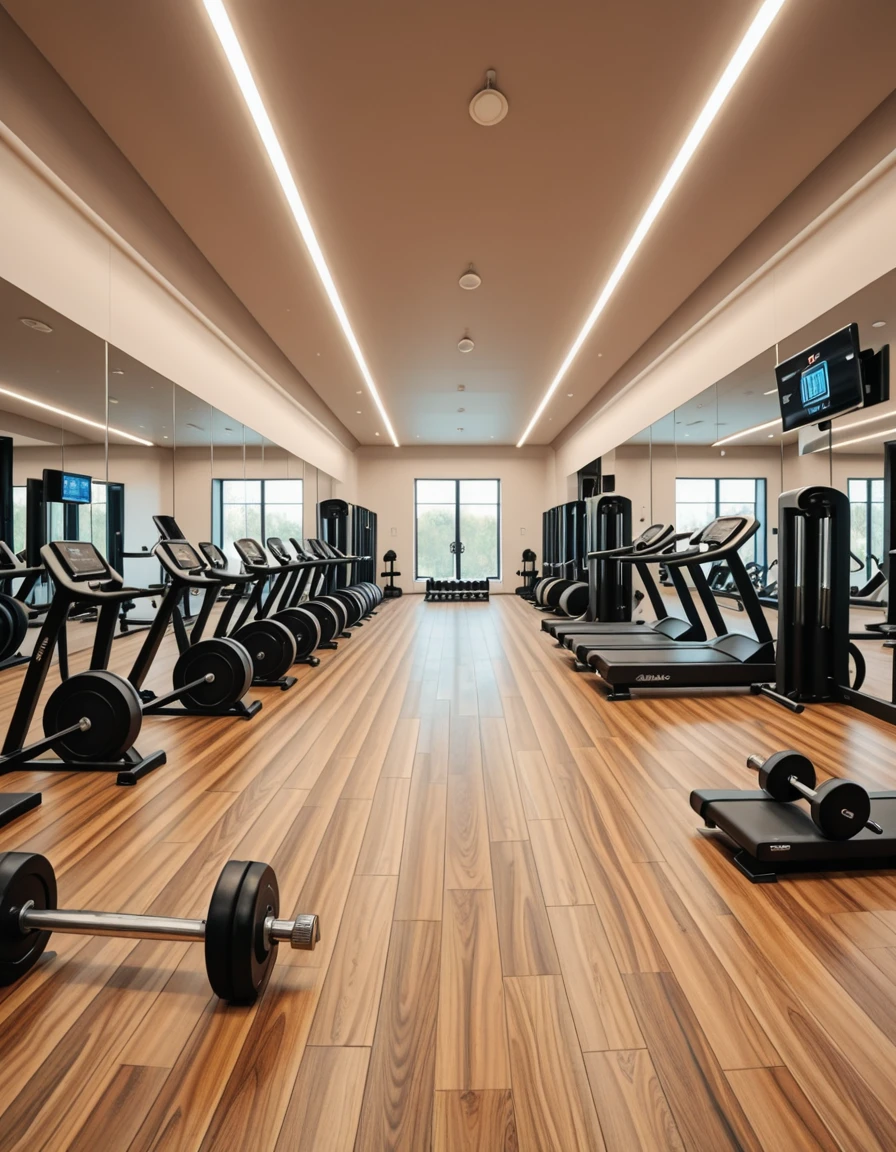 A spacious, modern gym with sleek design and floor-to-ceiling mirrors covering the walls, reflecting the equipment and ambient lighting. The room is filled with high-end fitness machines, free weights neatly arranged on racks, and polished hardwood or rubberized flooring. Bright LED strip lights run along the ceiling, providing crisp illumination that highlights the clean, minimalistic aesthetic. Motivational posters and digital screens display workout stats and routines. The gym is empty, with no people, capturing a calm, ready-for-use atmosphere in perfect symmetry.m0d3rn gym, <lora:m0d3rn_gym-i:1>, Masterpiece,best quality,hi res,8k,hi res,8k,award winning,(sharp focus, intricate, highly detailed),