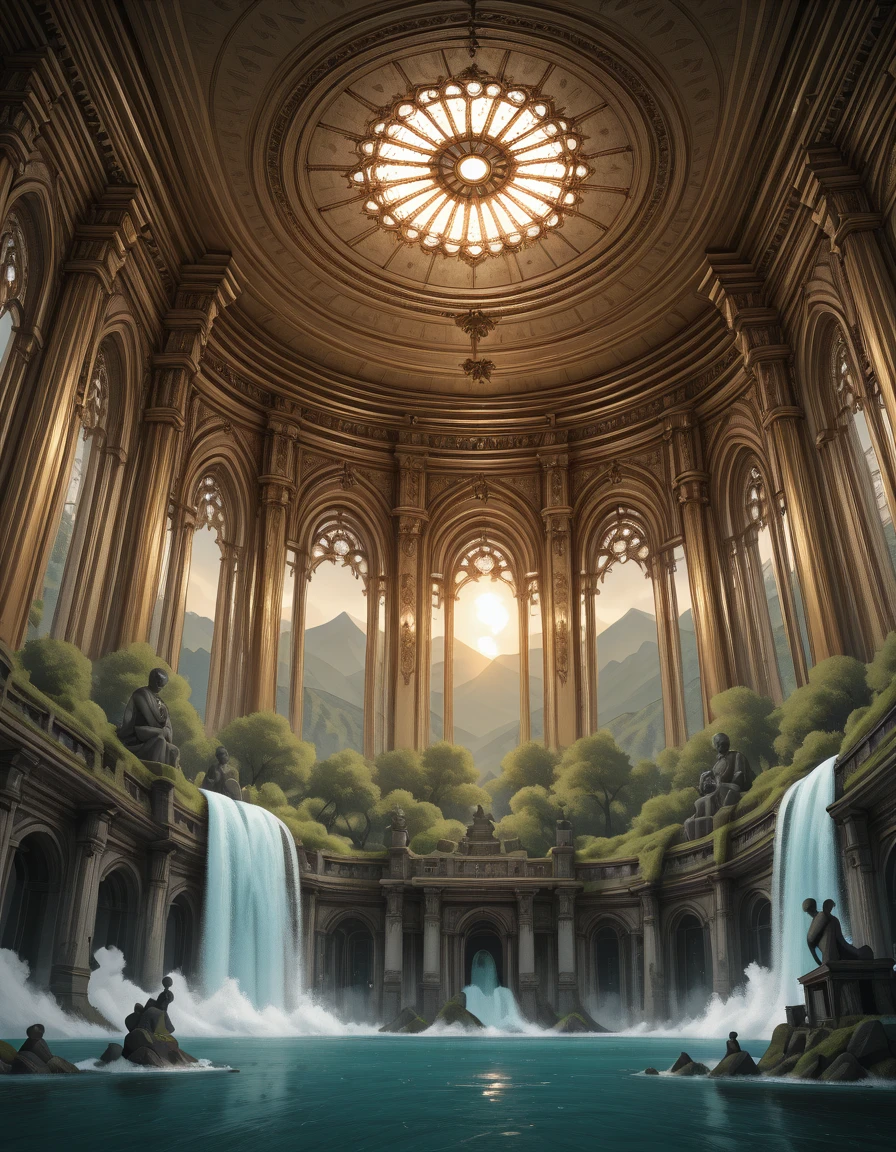 <lora:CW02_Lost_Officev2illb:1> cw02lost, abandoned greek room with statues, colorful light, very dark, very large room, anbiance, colums, deep view, dusty, very dark foreground, T10, landscape, mountains, waves, rocks, tree, vegetation, moss, rough sea, waterfall, ruins, sunset, blue, orange, yellow, brown,
lavishly ornate Baroque or Rococo-style room, where artistry and architectural elegance merge into a breathtaking visual experience. The focal point of the image is the magnificently painted ceiling, adorned with classical-style frescoes depicting mythological or allegorical figures â perhaps muses or deities â floating on soft, swirling clouds in a heavenly tableau. Their flowing garments and dynamic poses give the illusion of movement, drawing the eye upward and imparting a celestial grandeur with a glass ceiling.
The ceiling's painting's color palette is dominated by airy blues, whites, and warm earth tones that contrast beautifully with the rich, deeper hues of the characters' robes â emerald green, burgundy, and burnt sienna â enhancing the ethereal quality of the scene.
Descending from the ceiling, the upper walls are seamlessly blended into mural landscapes, featuring lush greenery, distant fields, and rustic figures, creating an immersive panorama that expands the perceived space. This illusionistic painting technique â reminiscent of trompe-l'Åil â contributes to a sense of being enveloped in another world.
The doorway in the image is a masterpiece of classical detailing: white and gold, with gilded ornaments and reliefs, flanked by sculpted figures and topped with a pediment that supports a cherubic statue. Above it, a gentle warm light illuminates the golden embellishments, making the room feel both divine and opulent.
To the right, luxurious drapery hangs from a window, made of rich brocade fabric in gold and crimson hues, completed with ornate tassels and a heavily adorned cornice of sculpted leaves and florals, echoing the gold leaf detailing throughout the room.
Overall, the room exudes a majestic, almost theatrical beauty, characteristic of European palatial architecture â a space where art, nature, and mythology are fused into one poetic environment.
