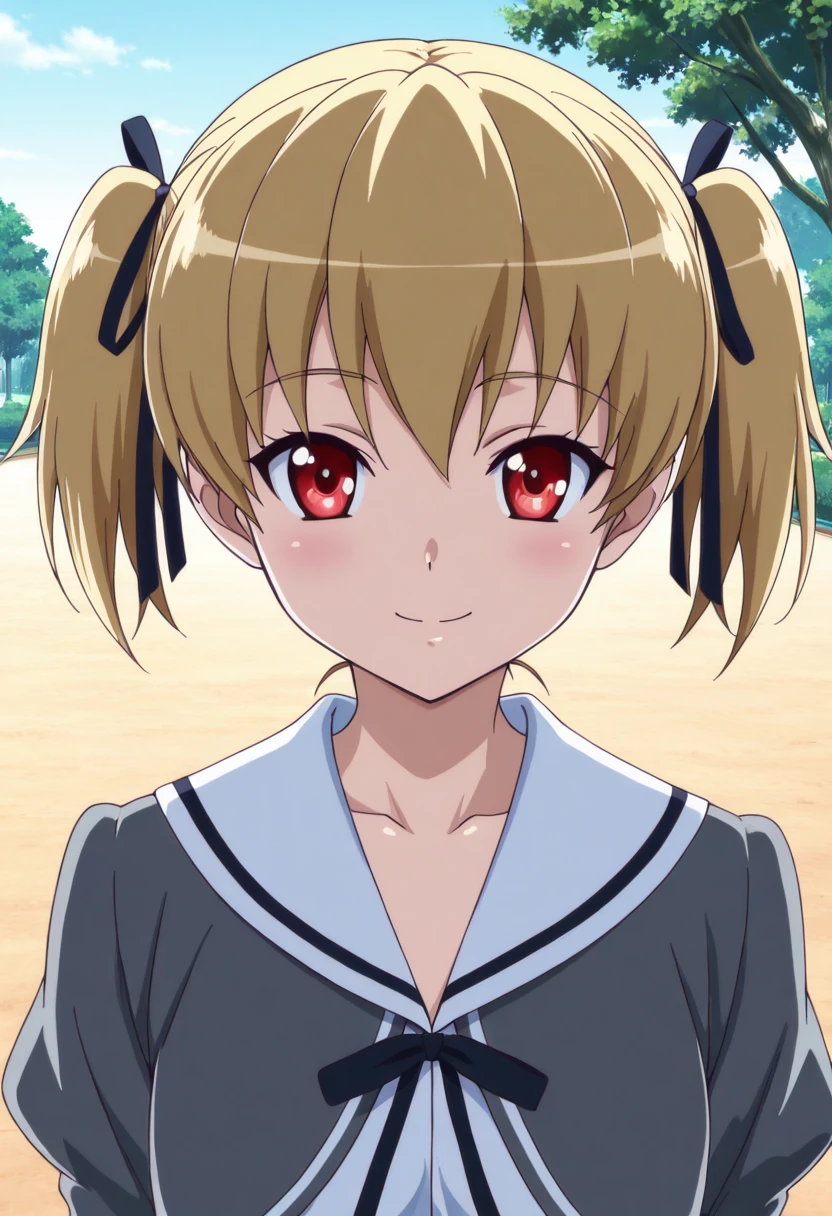 masterpiece, best quality, 1girl, solo, smile, looking at viewer, 1girl, solo, short hair, blonde hair, red eyes, ribbon, twintails, school uniform, hair ribbon, upper body, outdoors, serafuku, tree, short twintails ,anime screenshot, , <lora:AkiSoraYumenoNaka_IXL:1.0>,