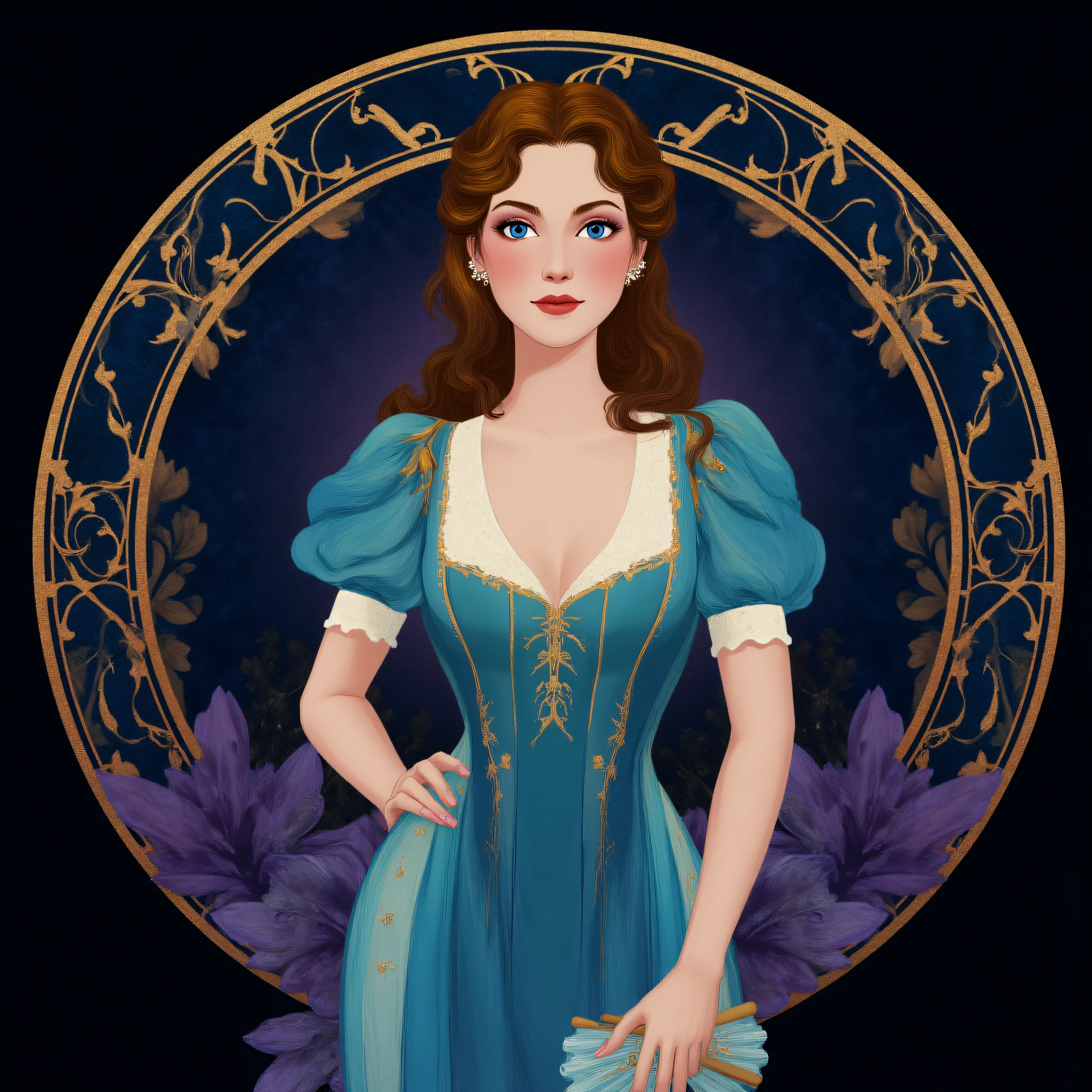 ArsMJStyle, Art Nouveau,, The image shows a woman in a blue dress with a fan in her hand set against a dark background. She has a human face and is animated., 1girl, solo, brown hair, dress, short sleeves, blue eyes, puffy sleeves, long hair, upper body, blue dress
