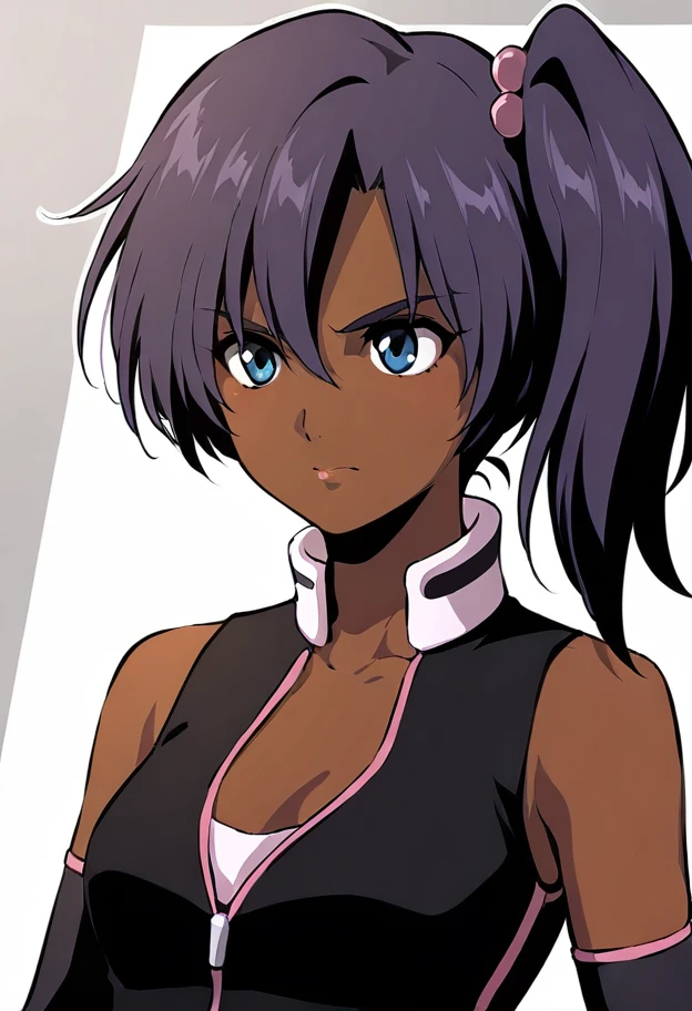 masterpiece, best quality, good quality,rachel ransom, detached sleeves, side ponytail, very dark skin, blue eyes, purple hair, 1girl, solo, small breasts
