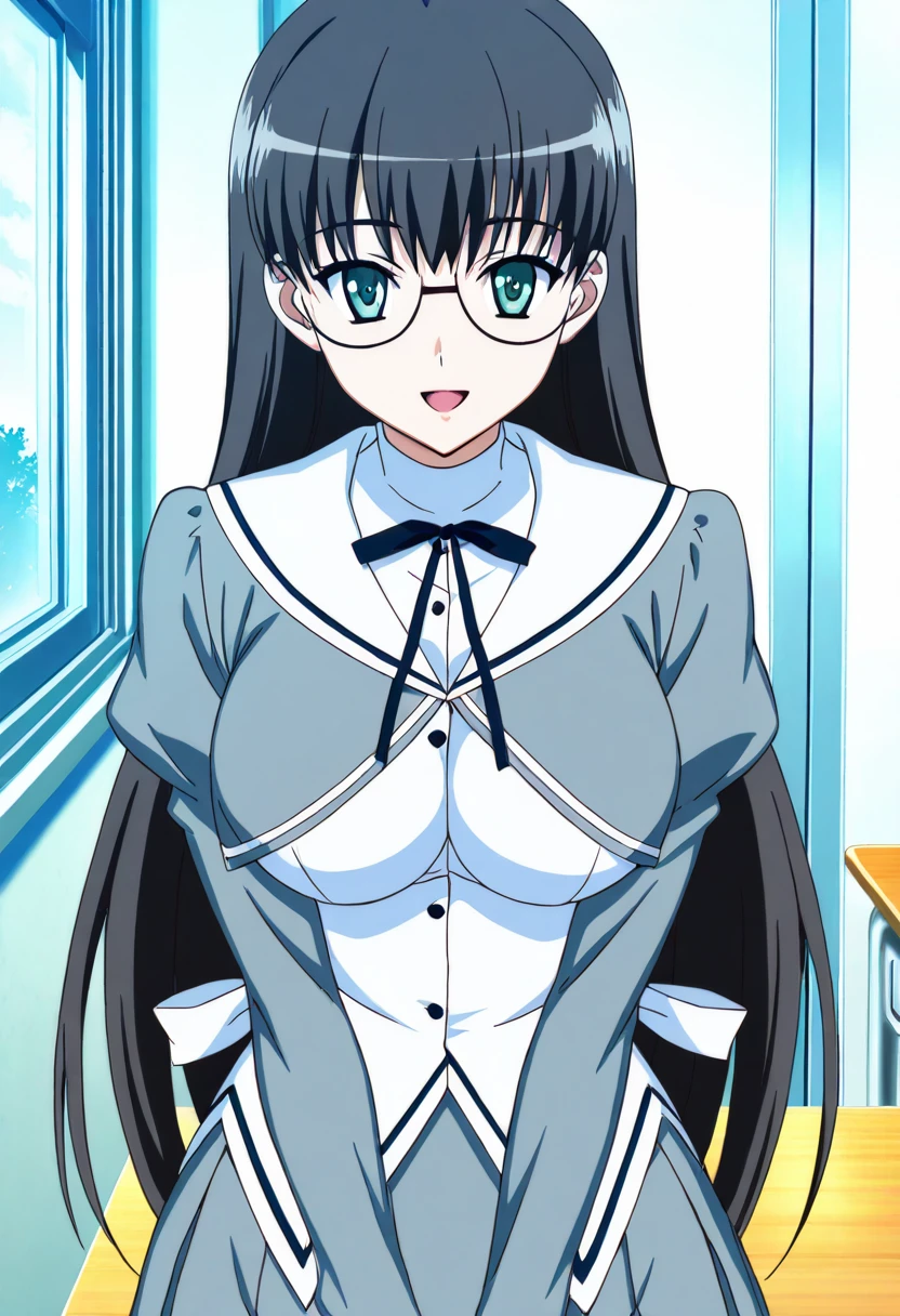 masterpiece, best quality, 1girl, solo, long hair, breasts, looking at viewer, smile, open mouth, blue eyes, large breasts, black hair, long sleeves, very long hair, school uniform, green eyes, glasses, indoors, classroom anime screenshot, , <lora:AkiSoraYumenoNaka_IXL:1.0>,