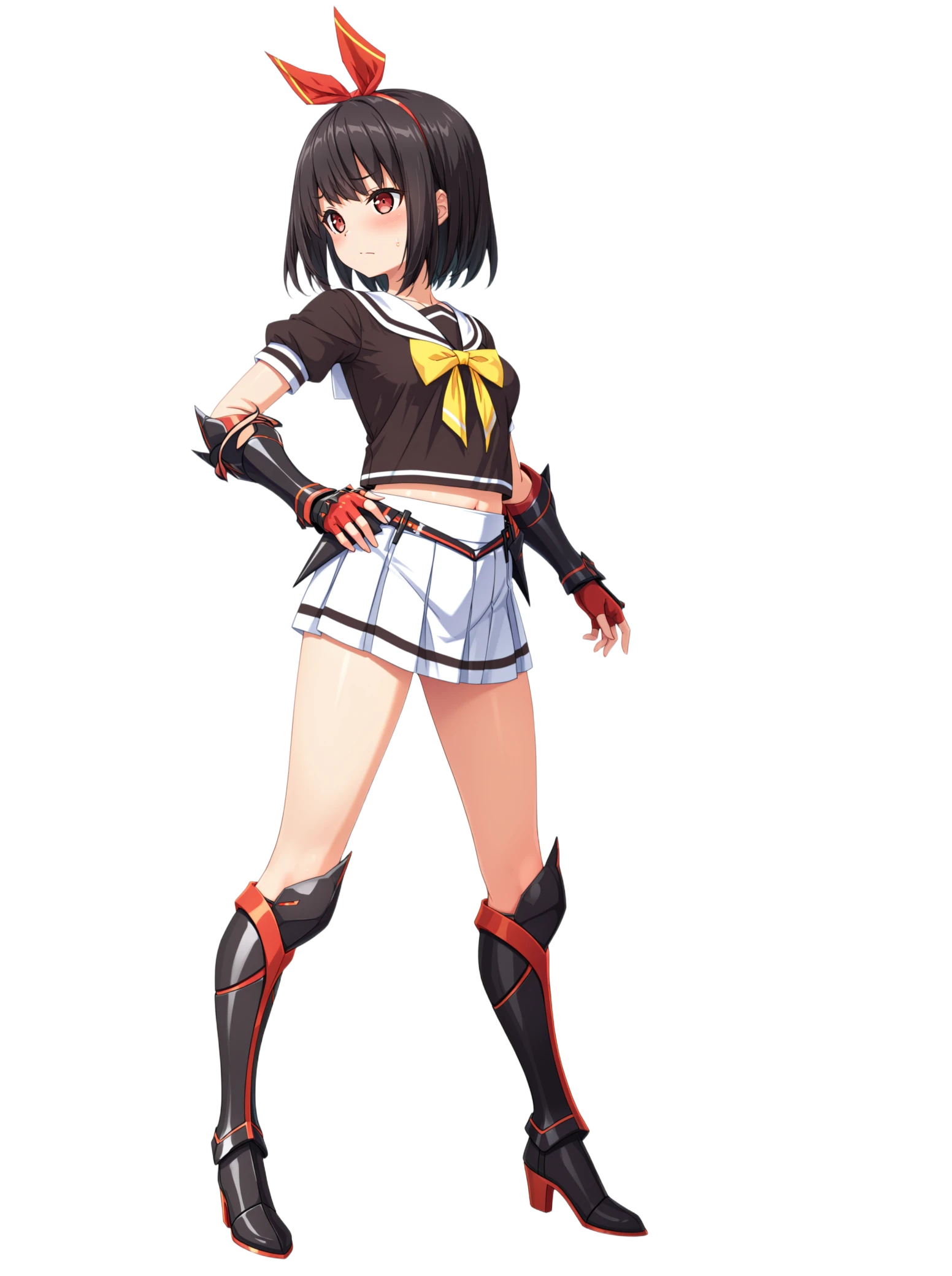 Flat chest, armor girl, in front of a castle, cute look, showing armpits, black hair
