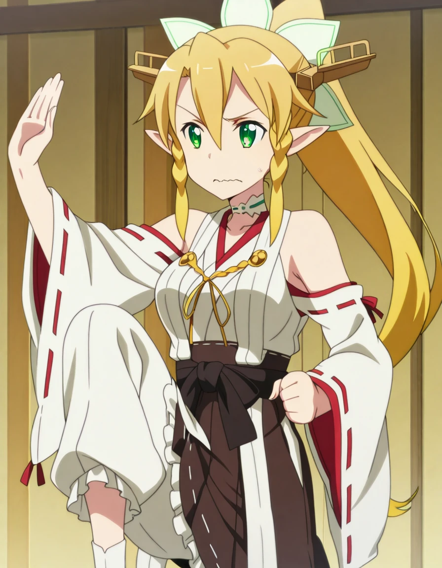 masterpiece, best quality, amazing quality,, <lora:suguha-kirigaya-s1-illustriousxl-lora-nochekaiser:1>, suguha kirigaya, leafa (sao), long hair, blonde hair, hair between eyes, green eyes, ponytail, braid, pointy ears, twin braids, mature female, breasts, anime screencap, <lora:kancolle-kongou-cosplay-illustriousxl-lora-nochekaiser:1>, kancolle kongou cosplay, kongou (kancolle) (cosplay), kongou pose, nontradional miko, cosplay, ribbon-trimmed sleeves, ribbon trim, bare shoulders, headgear,, <lora:kung-fu-illustriousxl-lora-nochekaiser:1>, kung fu, martial arts, training, fighting stance, cowboy shot, leg up, wavy_mouth, , , ,