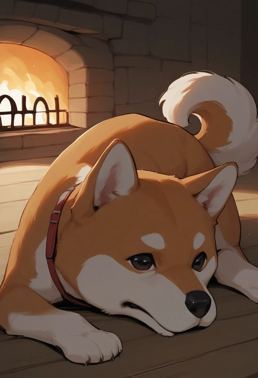 masterpiece, best quality, stylized, no humans, dog, animal focus, shiba inu, on stomach, wooden floor, fireplace, indoors, backlighting