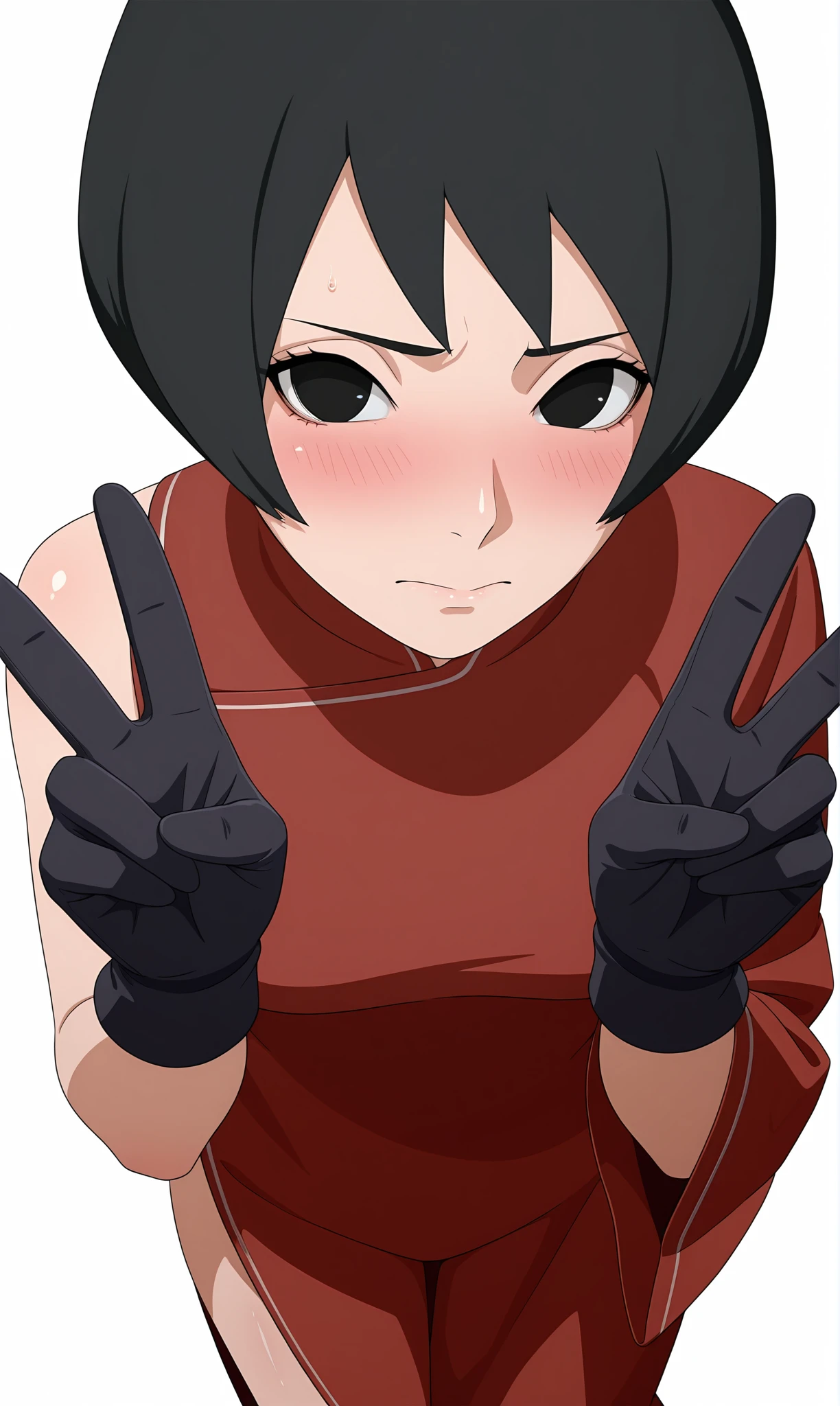masterpiece,best quality,perfect lighting,shiny skin,game cg,
pov, from above, 
double v,
BREAK
kurotsuchii,1girl,solo,looking at viewer,no pupils,short hair,
china dress,side slit,single sleeve,long sleeve,bare shoulder,
black gloves,
blush,shy, 
simple background,white background,