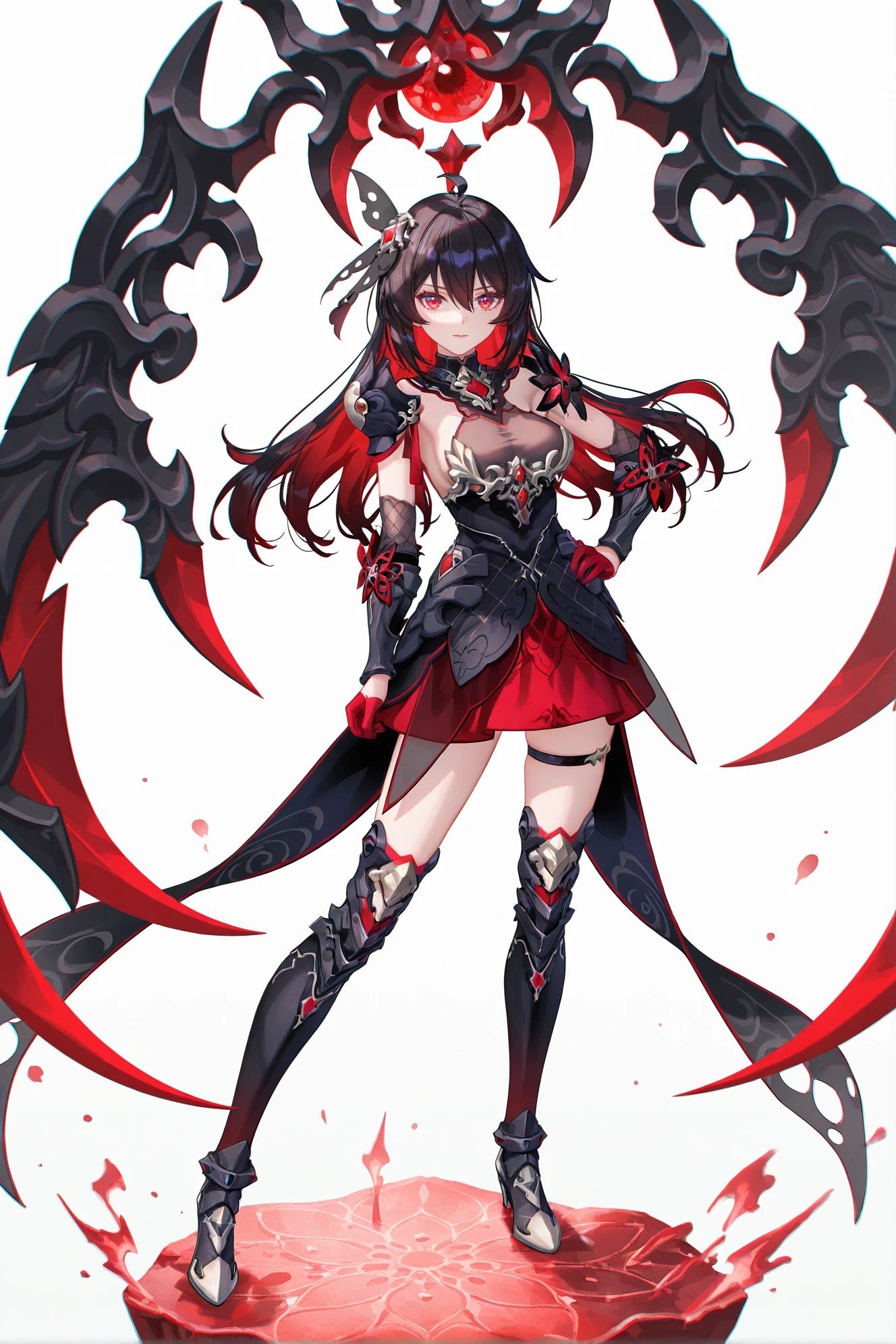 8k,best quality,masterpiece,(ultra-detailed),(high detailed skin),
((artist:reoen),(artist:fuzichoco),(artist:atdan),(artist:torino_aqua),year 2024:0.8)1girl,[artist:wlop],[artist:ningen_mame],artist:ciloranko,[[artist:rhasta]],artist:tidsean,colorful,
full body,full shot,standing,looking at viewer,(solo:1.2),simple background,(white background:1.2),hand on own hip,(white background:1.1),
<lora:StarchasmNyx-ill-Tanger:0.8>,
seele vollerei,seele vollerei \(Starchasm Nyx\),clothes: Red and black female armored skirt,multicolored hair,red hair,black hair,1girl,red eyes,bangs,red gloves,Starchasm Nyx black hair ornament,long hair,Starchasm Nyx black thigh boots,hair between eyes,