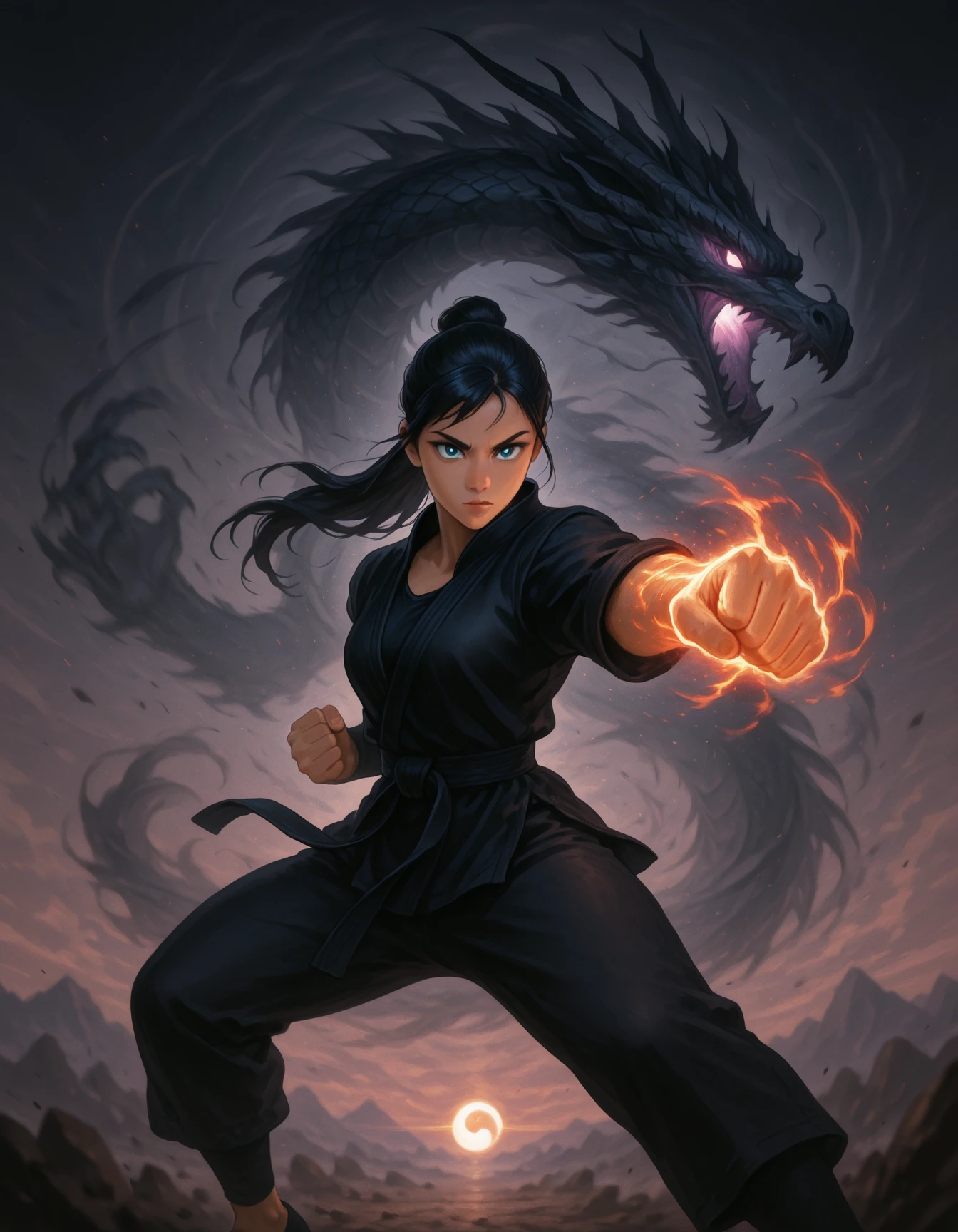dma, Flatline, Flat vector illustration,,masterpiece, best quality, good quality, very aesthetic, absurdres, newest, 8K, depth of field, focused subject, dynamic angle, A female martial artist punches toward the viewer, but from behind her emerges two mirrored dragons â one white, one black â twisting in harmony. Her outfit is symmetrical in light and shadow tones, her eyes mismatched, and the background is a glowing yin-yang dojo of mirrored reflections.. <lora:DragonMartialArtIL:1>
