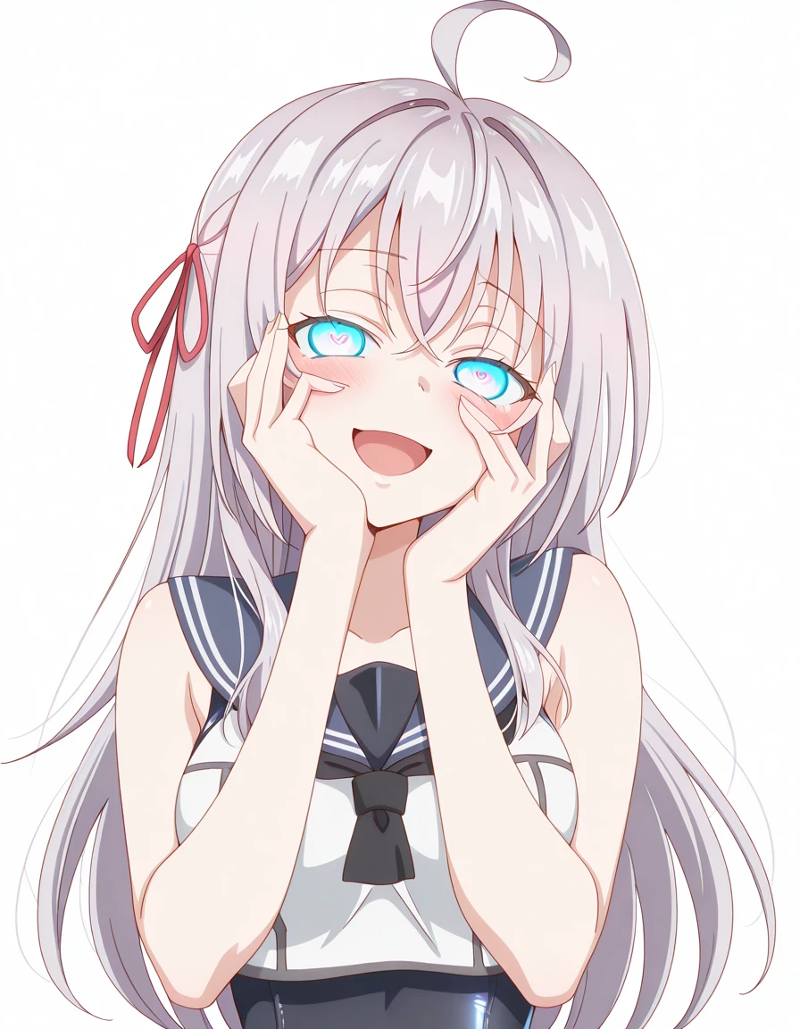 masterpiece, best quality, amazing quality,, <lora:alisa-mikhailovna-kujou-s1-illustriousxl-lora-nochekaiser:1>, alisa mikhailovna kujou, long hair, bangs, blue eyes, hair ribbon, ahoge, grey hair, red ribbon, mature female, breasts, anime screencap, <lora:kancolle-ro-500-cosplay-illustriousxl-lora-nochekaiser:1>, kancolle ro-500 cosplay, ro-500 (kancolle) (cosplay), swimsuit, under clothes, cosplay, one-piece swimsuit, sailor collar, swimsuit, crop top,, <lora:yandere-trance-illustriousxl-lora-nochekaiser:1>, yandere trance, yandere, hands on own cheeks, hands on own face, crazy eyes, crazy smile, crazy, heart-shaped pupils, glowing eyes, symbol-shaped pupils, hand on own face, open mouth, glowing, blush, looking at viewer,, wince, open mouth, <lora:transparent-background-illustriousxl-lora-nochekaiser:1>, transparent background, simple background, white background, ,