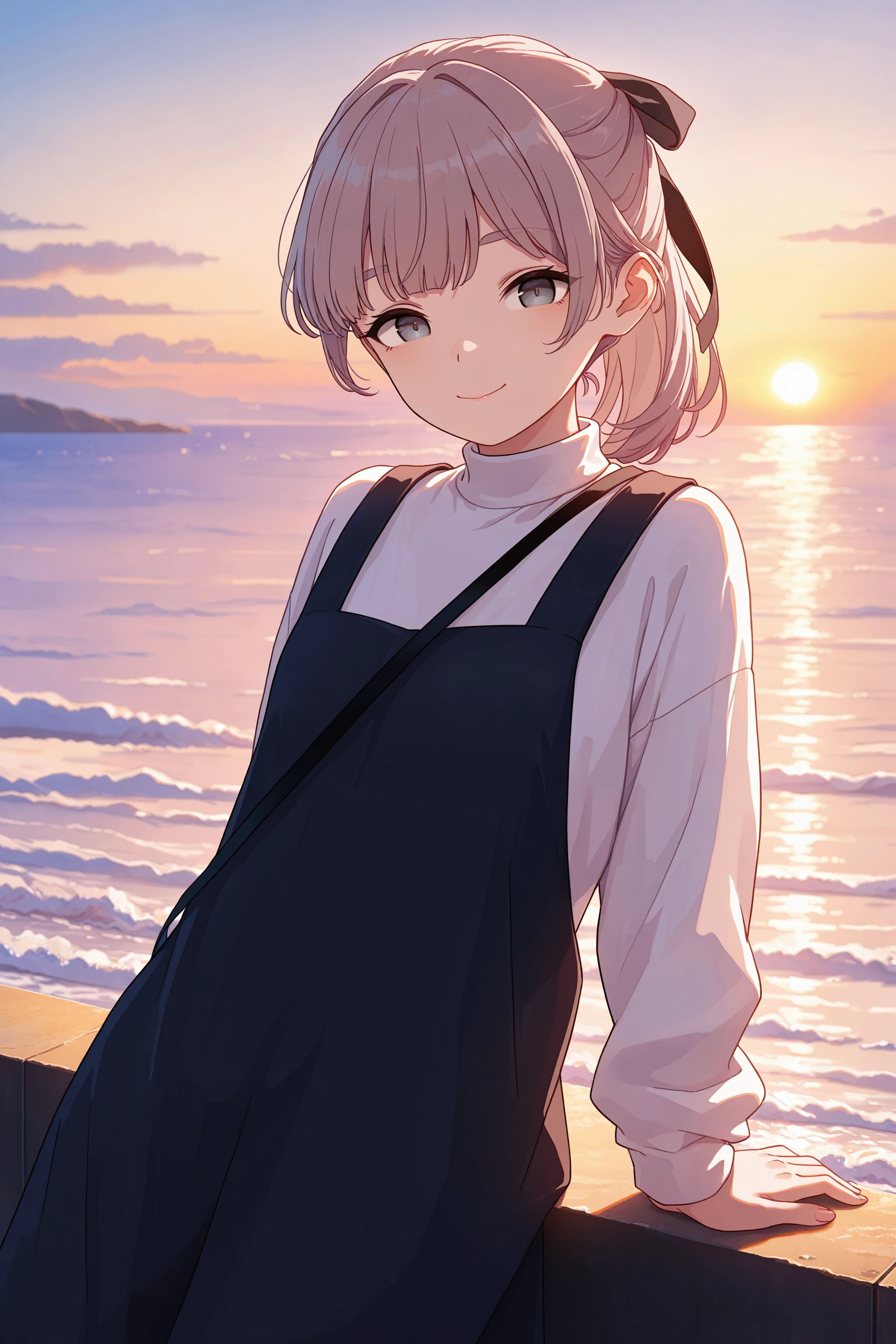 masterpiece, best quality, absurdres, safe
1girl, lapwing, grey hair, grey eyes, ponytail, hair ribbon,
pinafore dress, strap, turtleneck,
smile, closed mouth,
sunset, leaning back, arm support, ocean,
<lora:lapwing_il_2_d16:1> <lora:wide_shot_il_1_d32:0:hr=1>