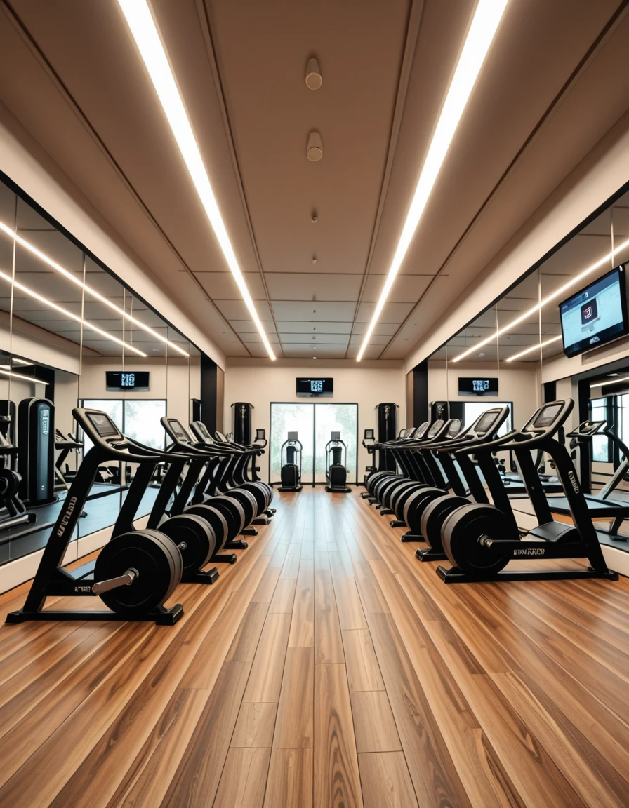 A spacious, modern gym with sleek design and floor-to-ceiling mirrors covering the walls, reflecting the equipment and ambient lighting. The room is filled with high-end fitness machines, free weights neatly arranged on racks, and polished hardwood or rubberized flooring. Bright LED strip lights run along the ceiling, providing crisp illumination that highlights the clean, minimalistic aesthetic. Motivational posters and digital screens display workout stats and routines. The gym is empty, with no people, capturing a calm, ready-for-use atmosphere in perfect symmetry.m0d3rn gym, <lora:m0d3rn_gym-i:1>, Masterpiece,best quality,hi res,8k,hi res,8k,award winning,(sharp focus, intricate, highly detailed),