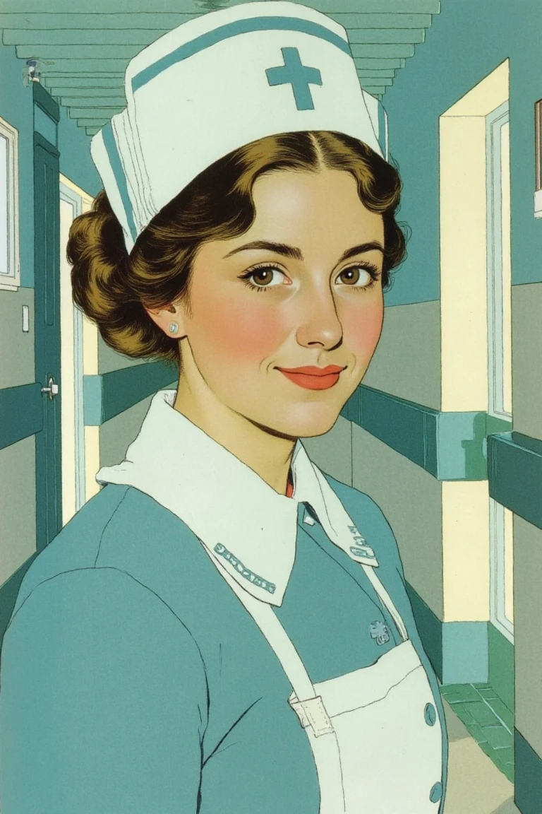 GMF, Fadeaway, CEA, Illustration An artistic portrait of a nurse is depicted in a close-up, using only deep teal and warm beige tones, highlighting her calm and compassionate expression. She wears a classic nurse’s cap and uniform with subtle vintage details. The background features an abstract hospital corridor rendered in soft, blurred shapes with gentle light gradients, evoking a serene and hopeful atmosphere.