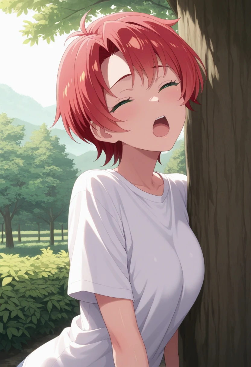 masterpiece, high quality, 8k, Beautiful lighting, sunny day,1girls ,, , {{{{{pov,nsfw:1.9}}}}}, {{{{{(nude)}}}}},,,((medium breasts)),(slender body),,squinting, upper body ,((topless)),(close up),blush:0.9,red hair, short hair