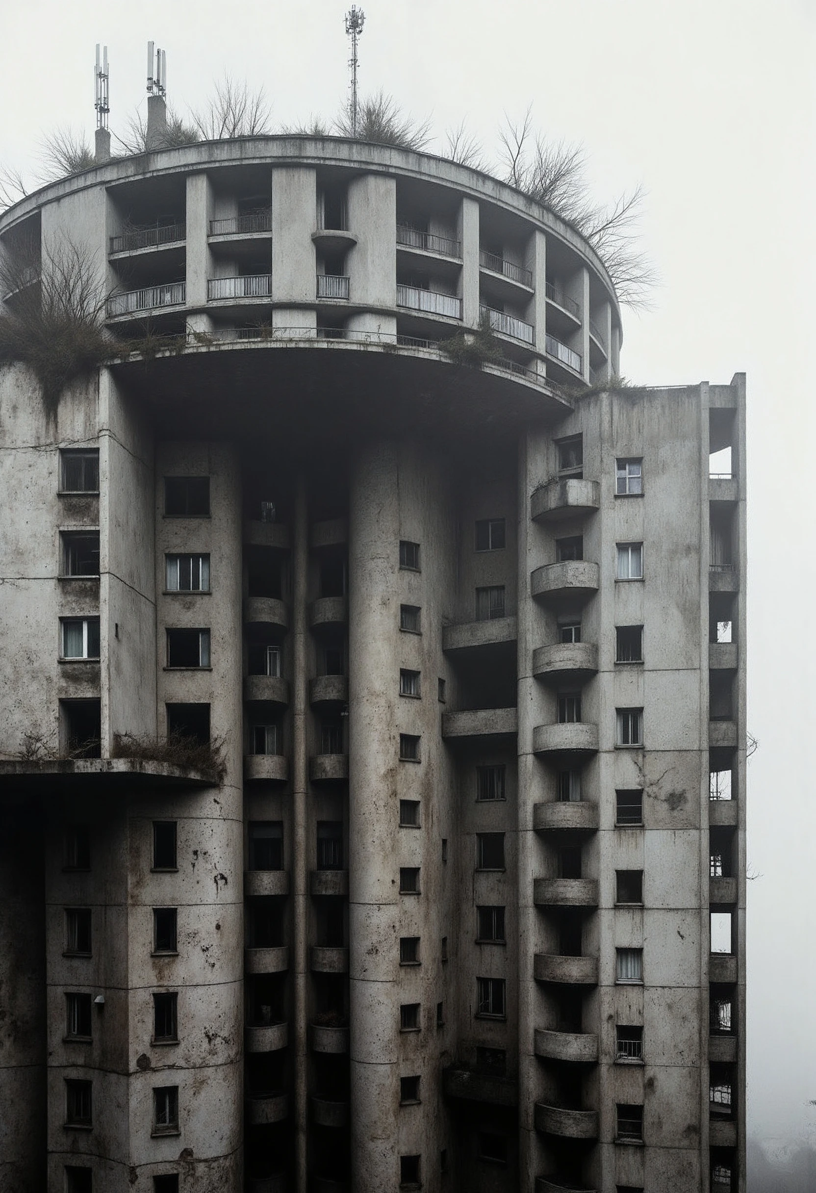A brutalist tall building lost in the jungle. Its walls are moldy and decayed, and in some places the facade has fallen. Some antennas are visible on the top of the building but they are covered by intertwining ivy.