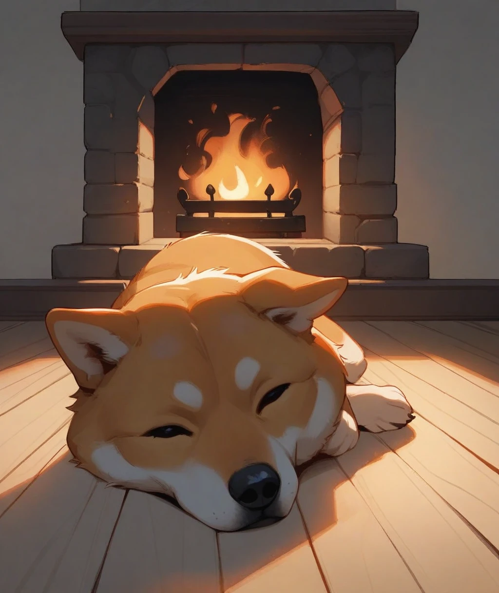 masterpiece, best quality, stylized, no humans, dog, animal focus, shiba inu, on stomach, wooden floor, fireplace, indoors, backlighting