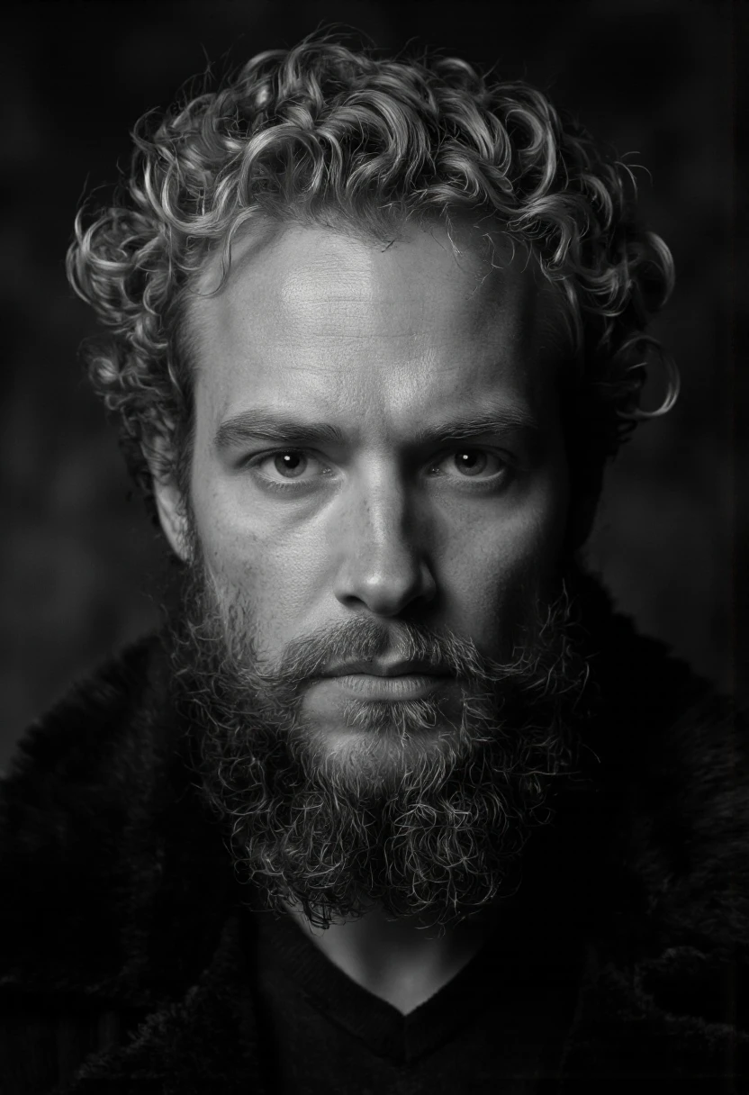 NyxBorne. A black and white portrait shoot from a close-up camera angle about a man with a beard and curly hair, looking directly at the camera with a serious expression. the image also shows a dark, blurry background. on the middle of the image, a man appears to be in his late 30s, with short, wavy blonde hair and a thick beard. he is wearing a dark sweater with a fur collar. the man has a serious, focused expression on his face. his eyes are looking straight at the viewer. his hair is messy and unkempt, and his beard is thick and well-groomed. he has a nose piercing and a full beard. the lighting is soft and diffused, creating a dramatic effect. the overall mood is serious and intense.