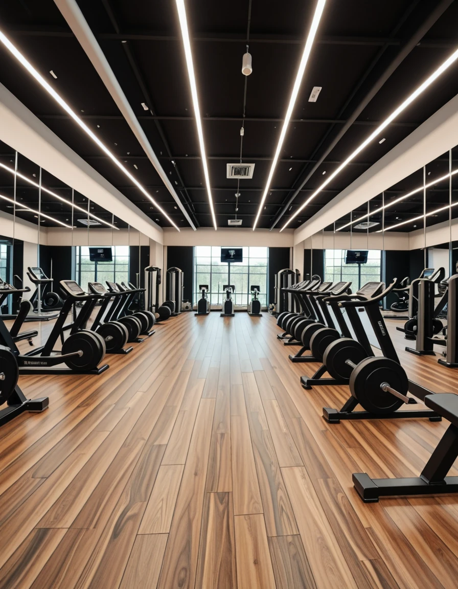 A spacious, modern gym with sleek design and floor-to-ceiling mirrors covering the walls, reflecting the equipment and ambient lighting. The room is filled with high-end fitness machines, free weights neatly arranged on racks, and polished hardwood or rubberized flooring. Bright LED strip lights run along the ceiling, providing crisp illumination that highlights the clean, minimalistic aesthetic. Motivational posters and digital screens display workout stats and routines. The gym is empty, with no people, capturing a calm, ready-for-use atmosphere in perfect symmetry.m0d3rn gym, <lora:m0d3rn_gym-i:1>, Masterpiece,best quality,hi res,8k,hi res,8k,award winning,(sharp focus, intricate, highly detailed),