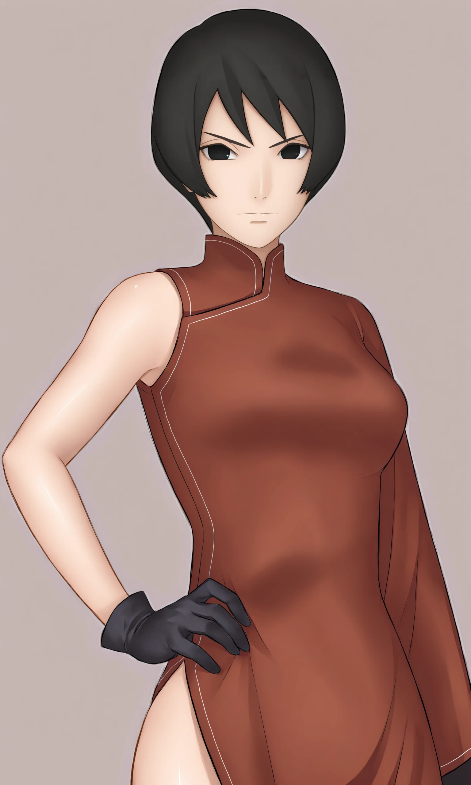 masterpiece, best quality, game cg, light skin,
medium breast,
upper body, hand on hip, black gloves,
kurotsuchii, 1girl, solo, looking at viewer, black eyes, short hair,
china dress, side slit, single sleeve, long sleeve, bare shoulder,
light smile, serious,
simple background,
<lora:Boruto_Kurotsuchi_iXL:1>
<lora:Smooth Mix - Illustrious:0.2>