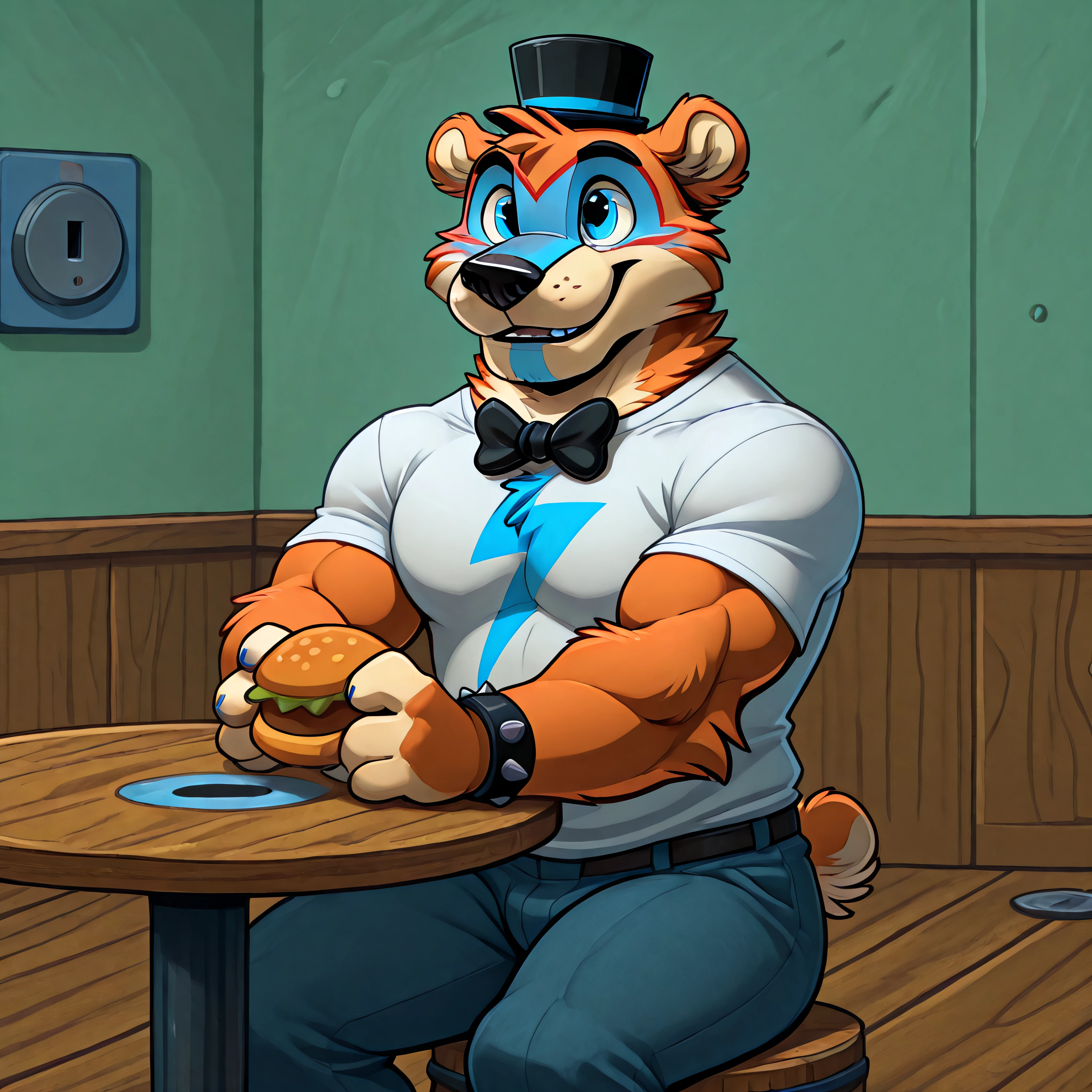 solo, male focus, lloydip, lion, blue eyes, blue nose, blue tongue, mane, vest, shirt, bow, sitting on chair, looking at viewer, smile, open mouth, teeth, detailed bar background, sunlight, masterpiece, intricate, ((detailed face, detailed eyes)), by redrusker, erection, thick cock, 4k, hi res, best quality, masculine, muscle