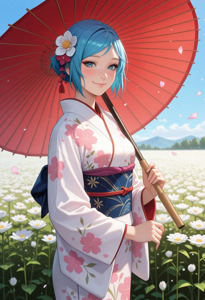 masterpiece, very aesthetic, best quality, absurdres, newest, solo,
<lora:ILLISChloe:1>
LISChloe, 1girl, blue hair, hazel eyes, short hair, looking at viewer, hair flower, white kimono, japanese clothes, oil-paper umbrella, hair ornament, smile, outdoors, falling petals, white flower, sash, holding umbrella, floral print, obi,wide sleeves, closed mouth, long sleeves, day, cowboy shot, print kimono, blush, flower field, standing, sky, red umbrella