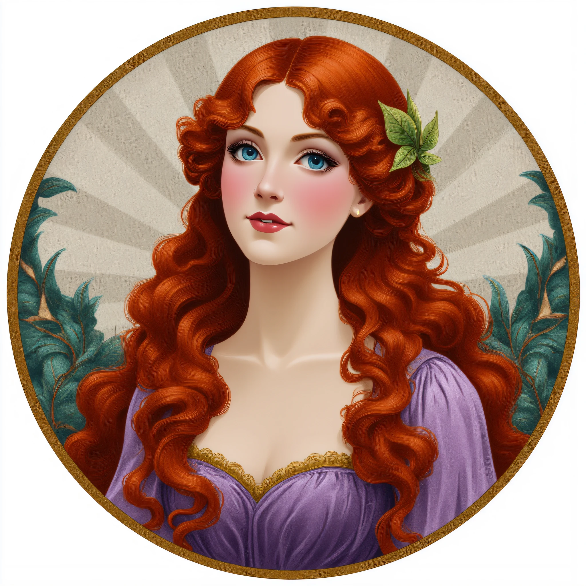 ArsMJStyle, Art Nouveau,, The image shows a painting of a woman with long red hair wearing a purple dress set against a white background., 1girl, solo, long hair, blue eyes, hair ornament, lips, portrait, curly hair, leaf, looking at viewer