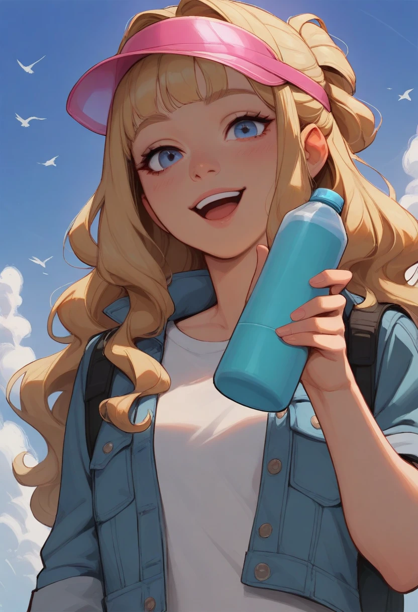 masterpiece, best quality, stylized, realistic, 1girl, solo, blonde hair, wavy hair, half updo, sidelocks, choppy bangs, blue eyes, smile, open mouth, looking at viewer, hand up, holding bottle, aqua thermos, visor cap, pink cap, transparent cap, t-shirt, white shirt, cropped jacket, denim jacket, black backpack, upper body, from below, dutch angle, blue sky, day, cloud, bird