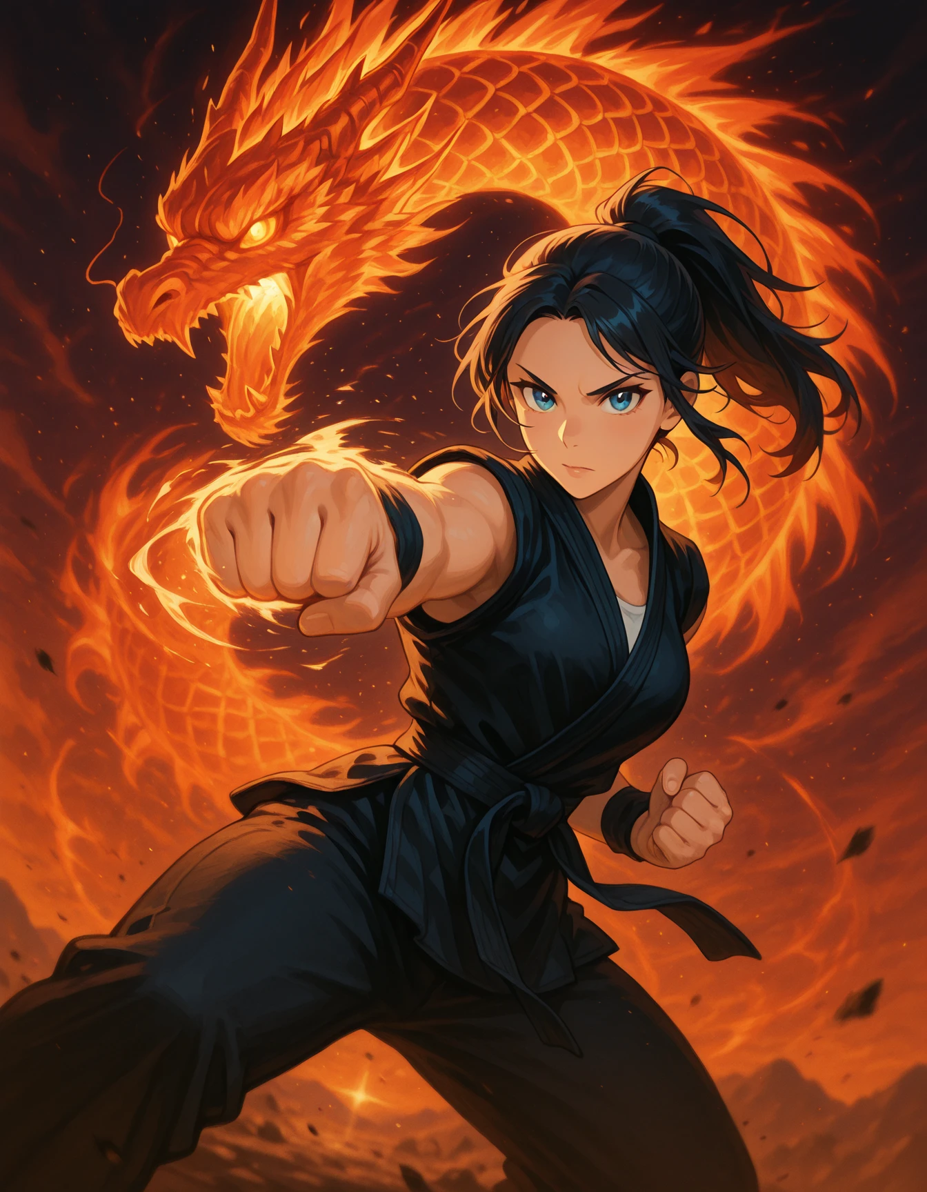 dma, Flatline, Flat vector illustration,,masterpiece, best quality, good quality, very aesthetic, absurdres, newest, 8K, depth of field, focused subject, dynamic angle, A female martial artist punches toward the viewer, but from behind her emerges two mirrored dragons â one white, one black â twisting in harmony. Her outfit is symmetrical in light and shadow tones, her eyes mismatched, and the background is a glowing yin-yang dojo of mirrored reflections.. <lora:DragonMartialArtIL:1>